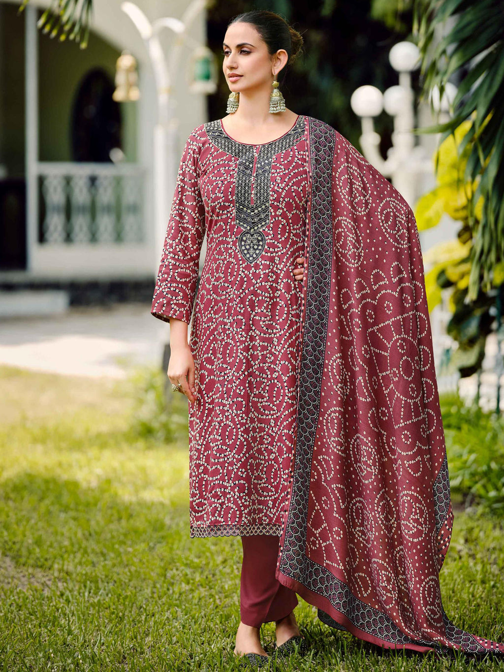 Regal Maroon Pashmina Digital Printed Dress Material | Bandhani Print & Embroidered Neckline