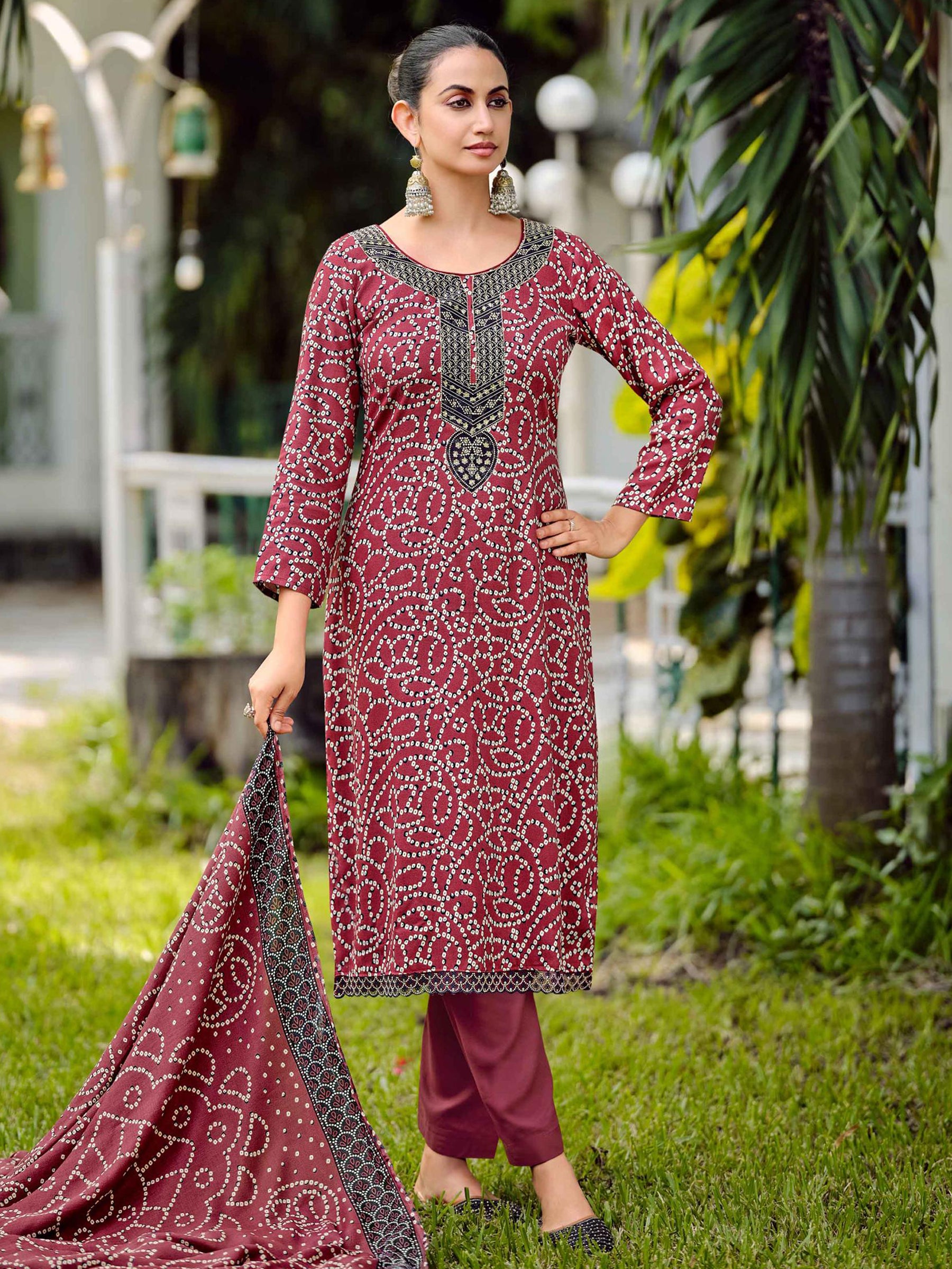 Regal Maroon Pashmina Digital Printed Dress Material | Bandhani Print & Embroidered Neckline