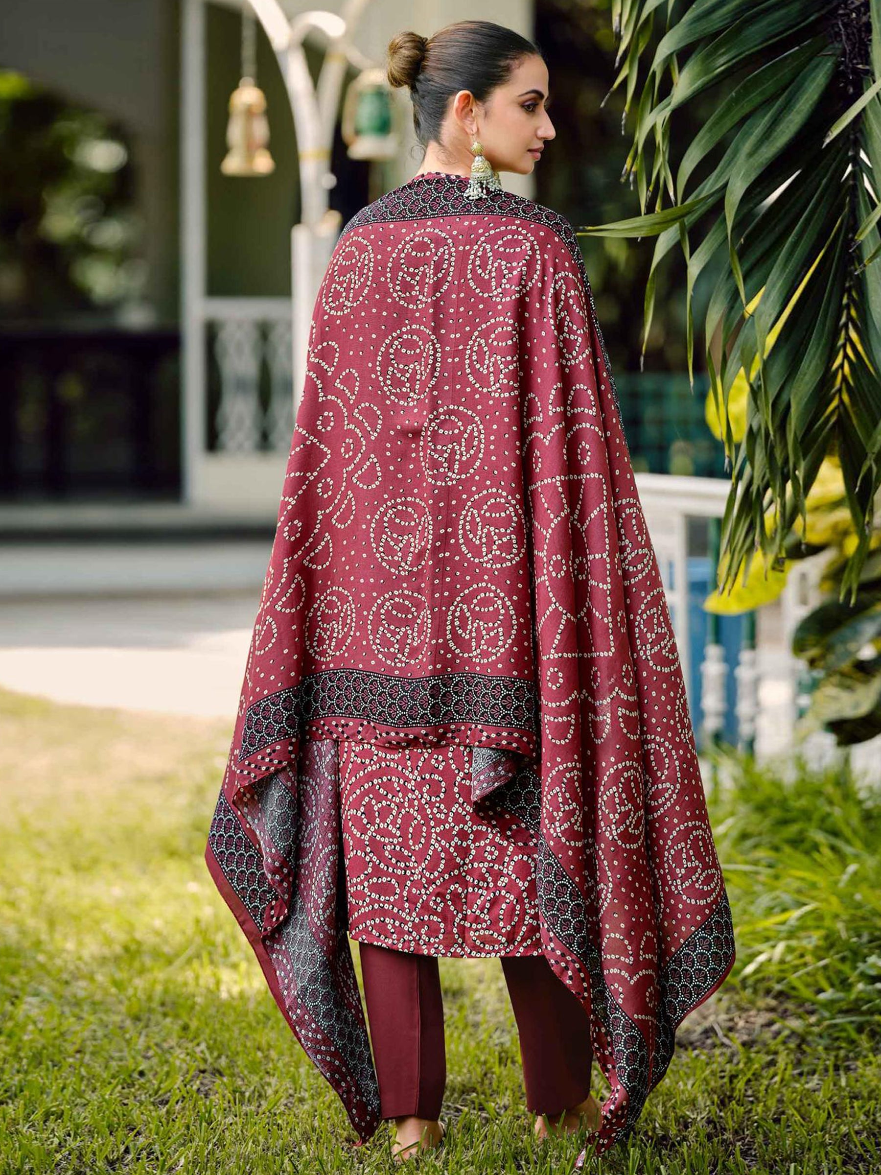 Regal Maroon Pashmina Digital Printed Dress Material | Bandhani Print & Embroidered Neckline