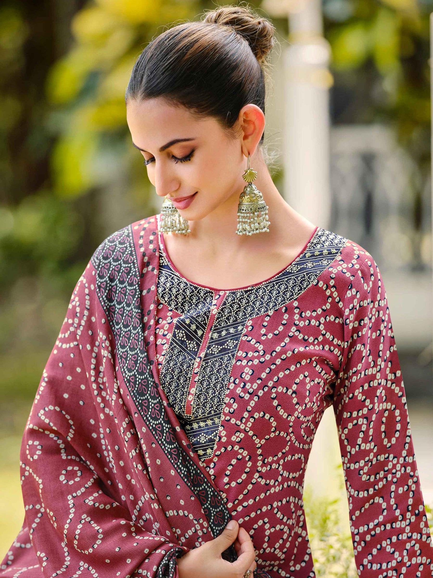 Regal Maroon Pashmina Digital Printed Dress Material | Bandhani Print & Embroidered Neckline