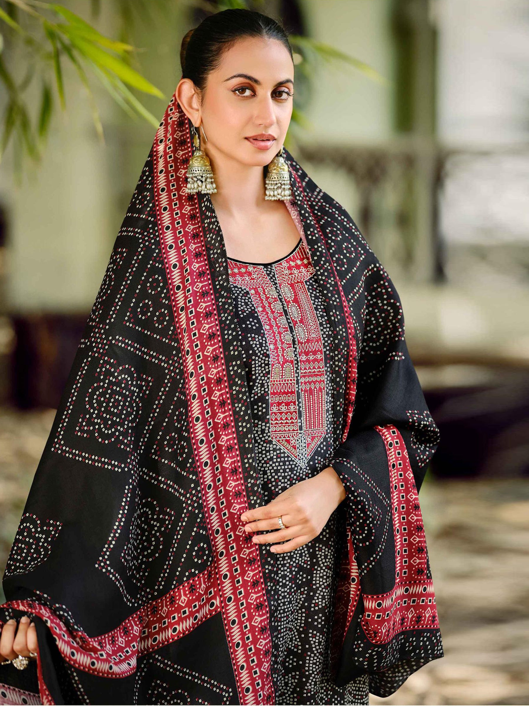 Classic Black Pashmina Designer Dress Material | Digital Bandhani Print with Embroidered Neckline