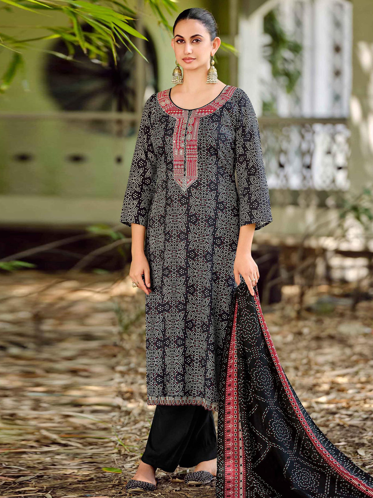 Classic Black Pashmina Designer Dress Material | Digital Bandhani Print with Embroidered Neckline