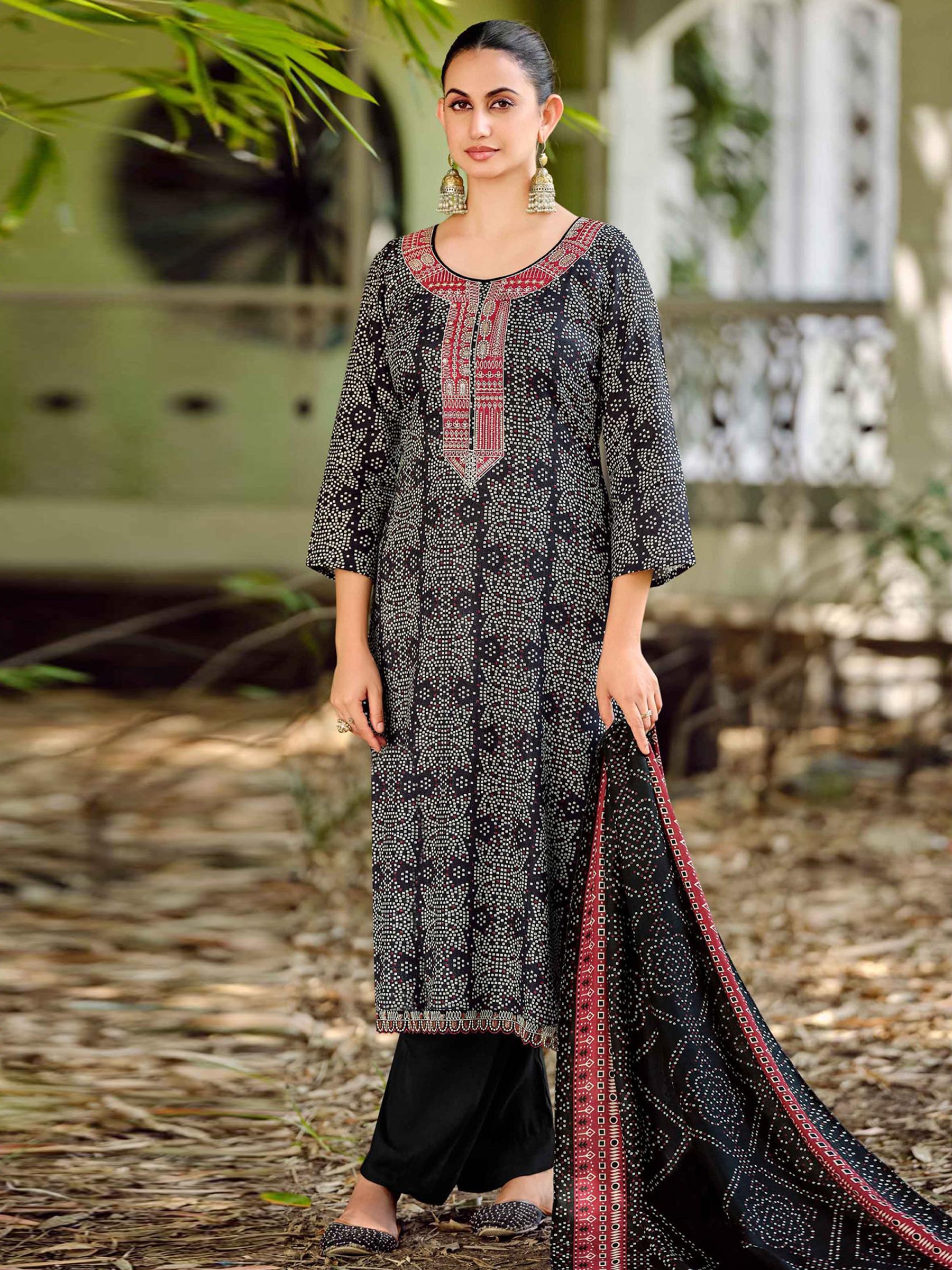 Classic Black Pashmina Designer Dress Material | Digital Bandhani Print with Embroidered Neckline