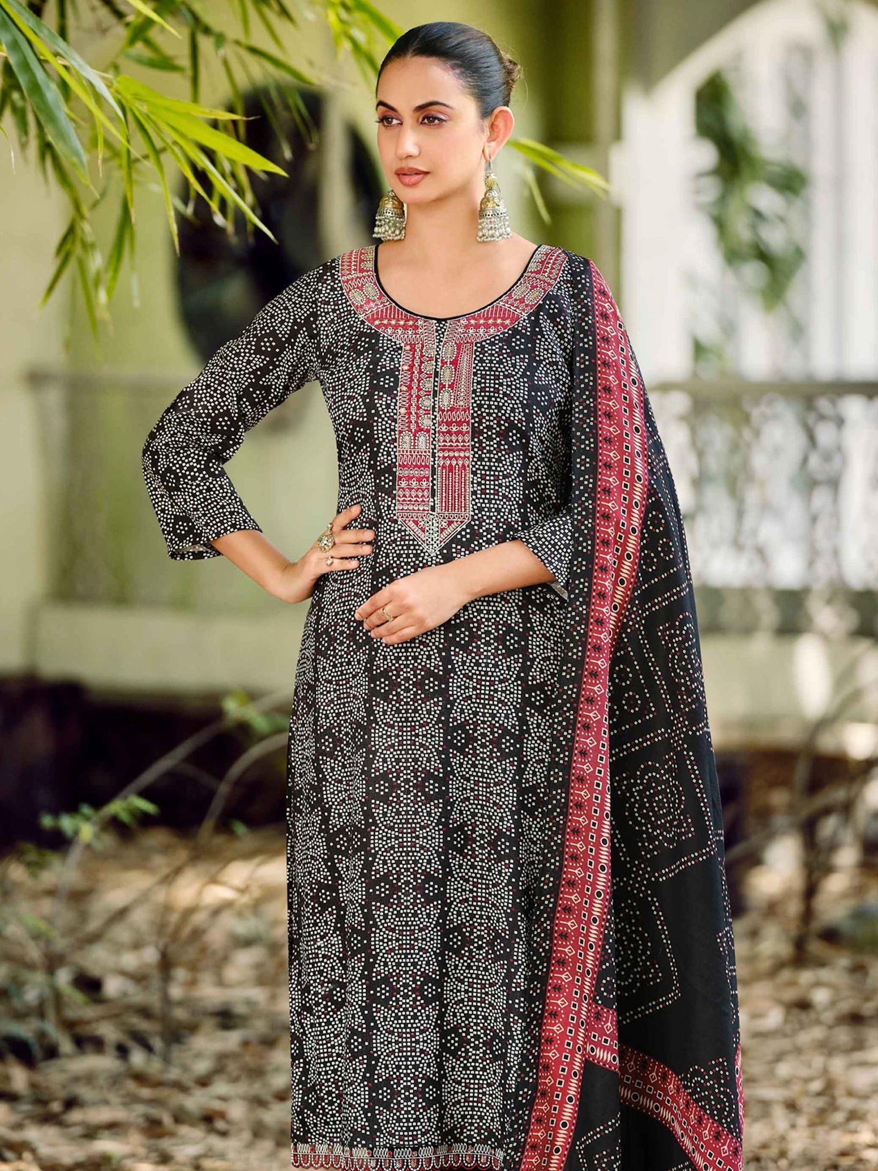 Classic Black Pashmina Designer Dress Material | Digital Bandhani Print with Embroidered Neckline