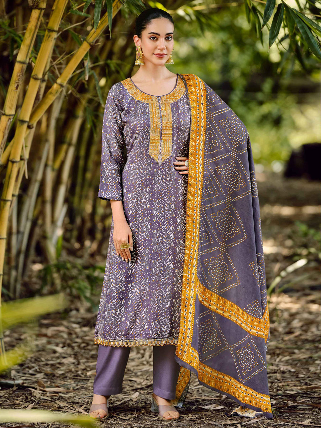 Enchanting Violet Pashmina Designer Dress Material | Digital Bandhani Print with Embroidered Neckline