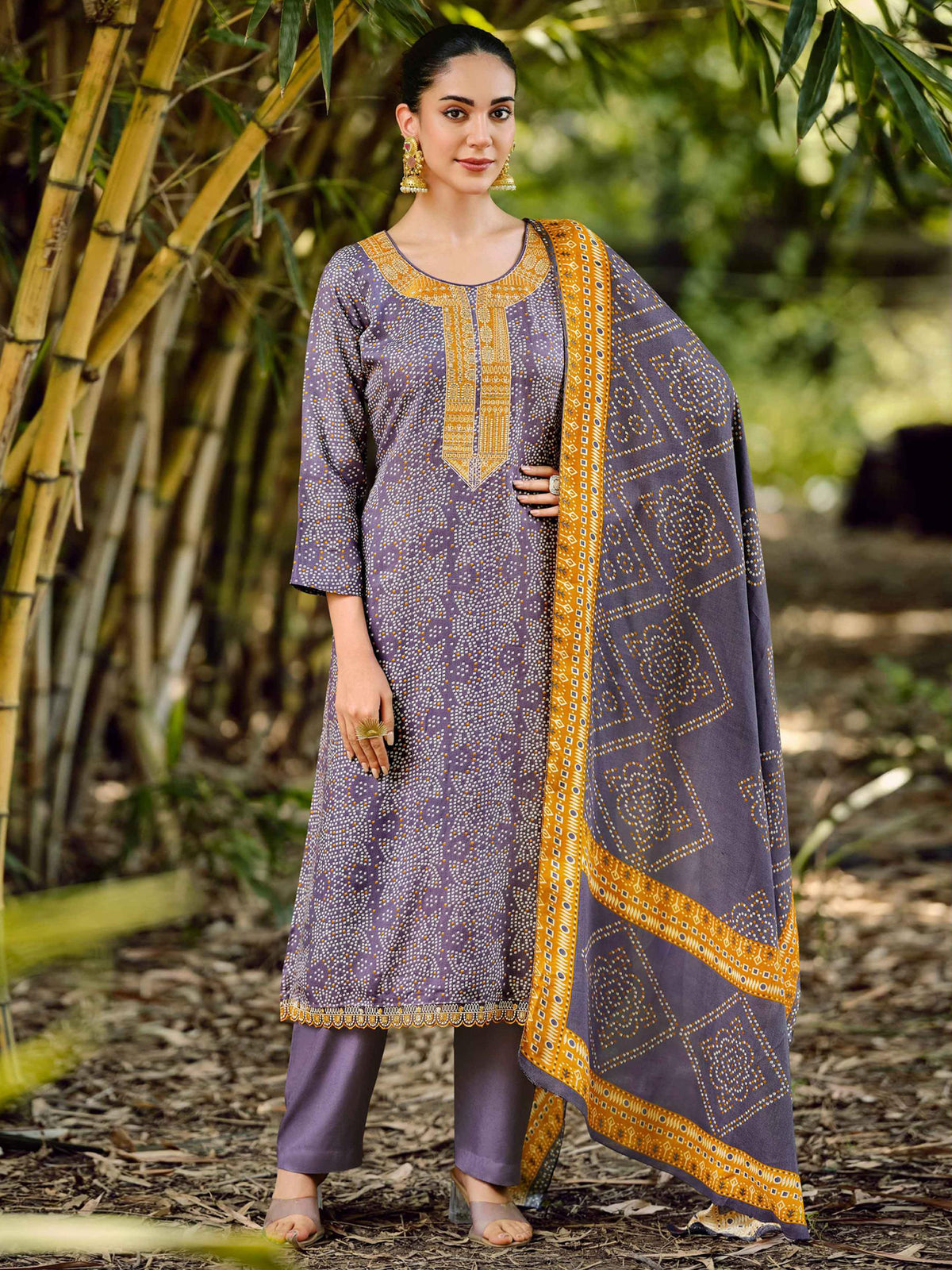 Enchanting Violet Pashmina Designer Dress Material | Digital Bandhani Print with Embroidered Neckline