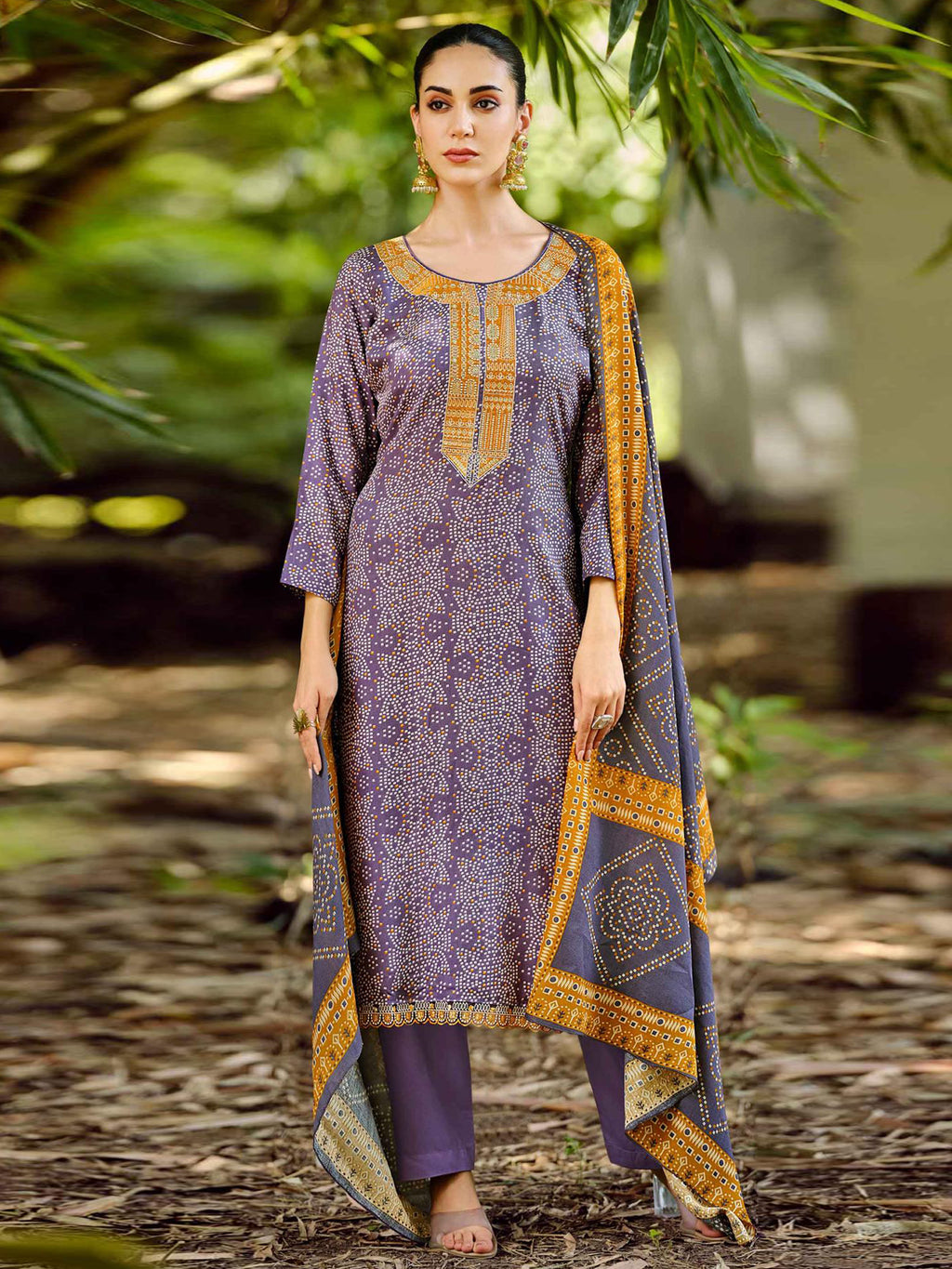 Enchanting Violet Pashmina Designer Dress Material | Digital Bandhani Print with Embroidered Neckline