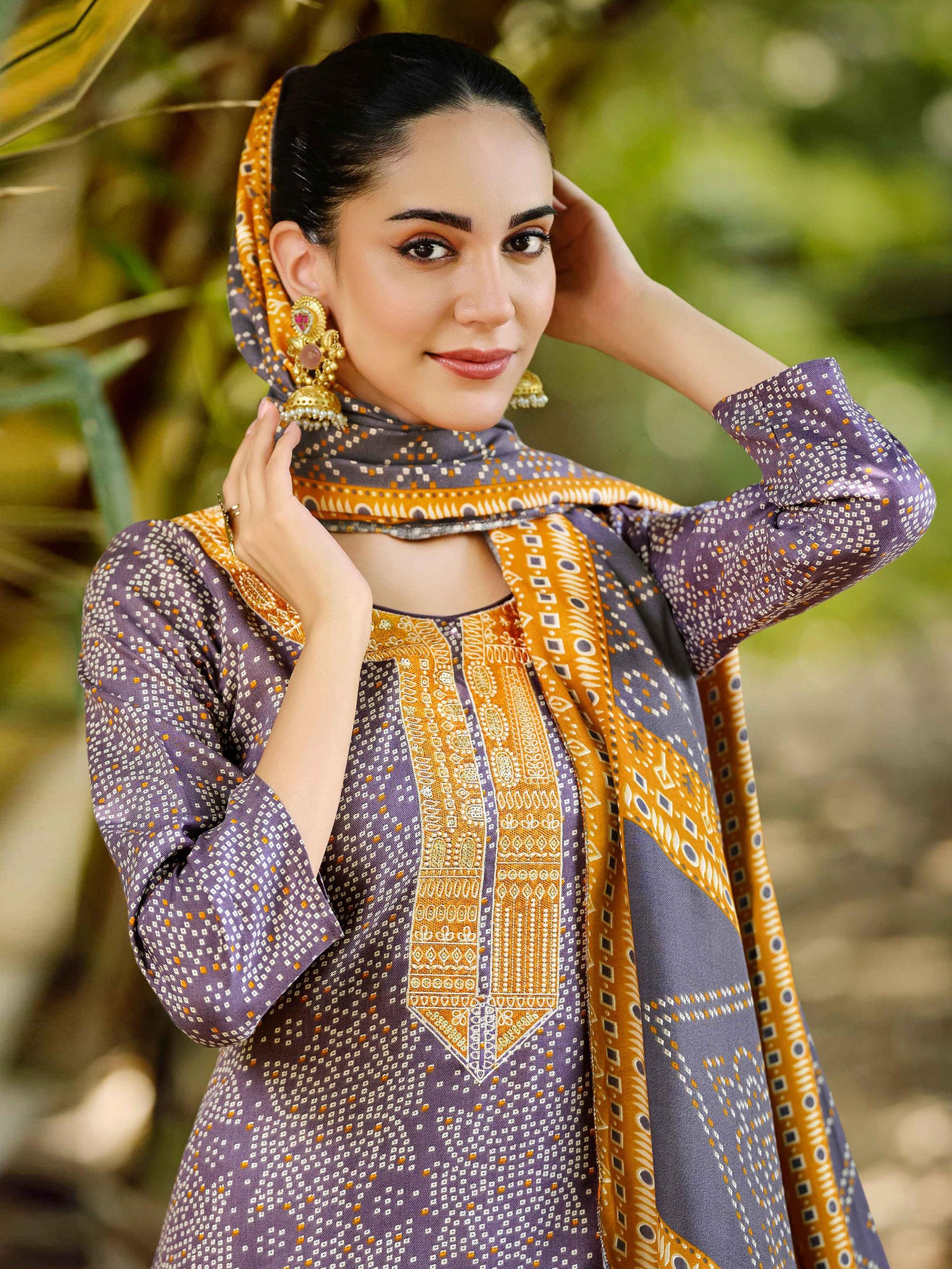 Enchanting Violet Pashmina Designer Dress Material | Digital Bandhani Print with Embroidered Neckline
