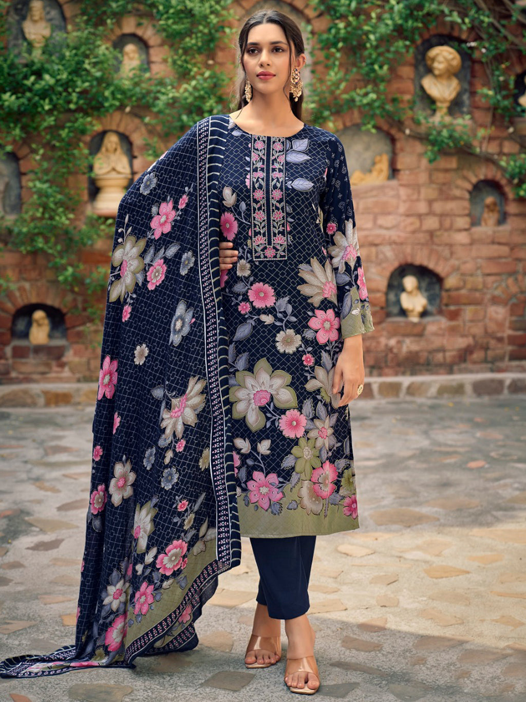 Majestic Navy Blue Pashmina Digital Print Suit | Embroidered Neckline & Floral Couture
