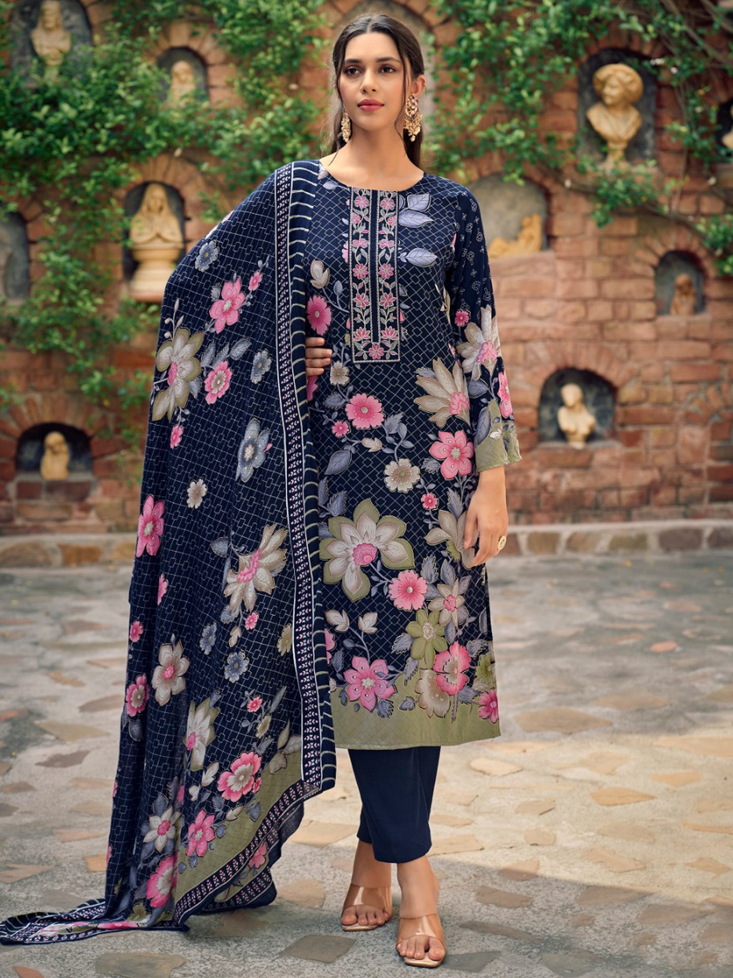 Majestic Navy Blue Pashmina Digital Print Suit | Embroidered Neckline & Floral Couture| Unstitched Fabric