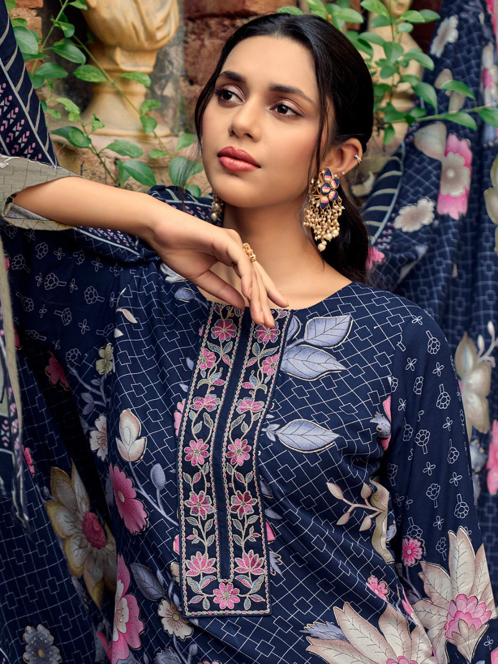 Majestic Navy Blue Pashmina Digital Print Suit | Embroidered Neckline & Floral Couture