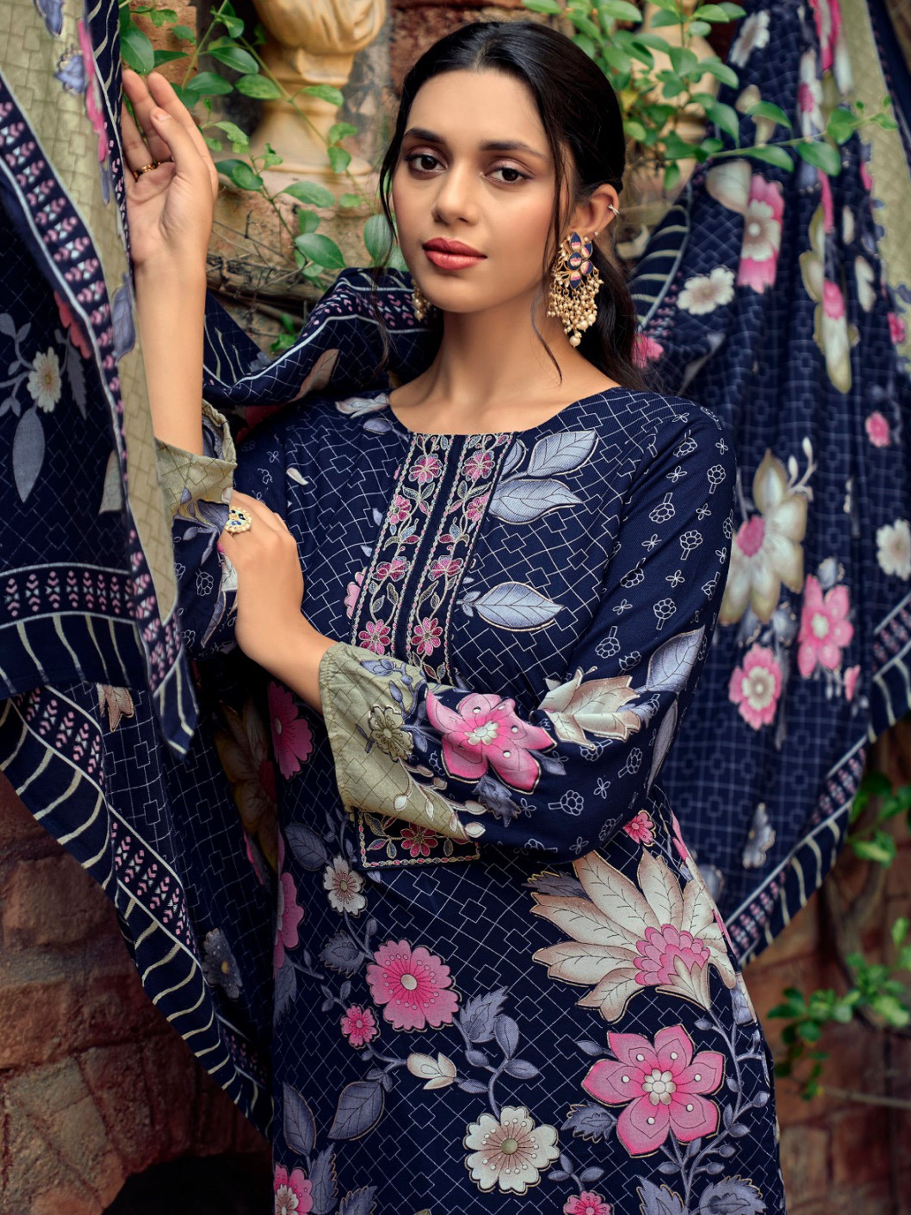 Majestic Navy Blue Pashmina Digital Print Suit | Embroidered Neckline & Floral Couture