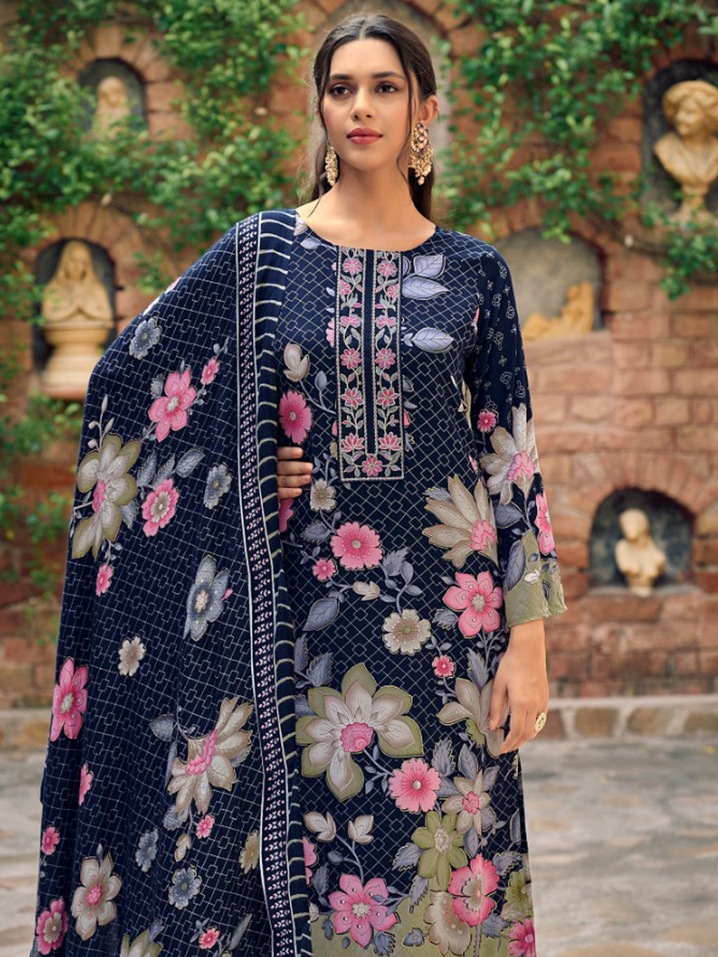 Majestic Navy Blue Pashmina Digital Print Suit | Embroidered Neckline & Floral Couture