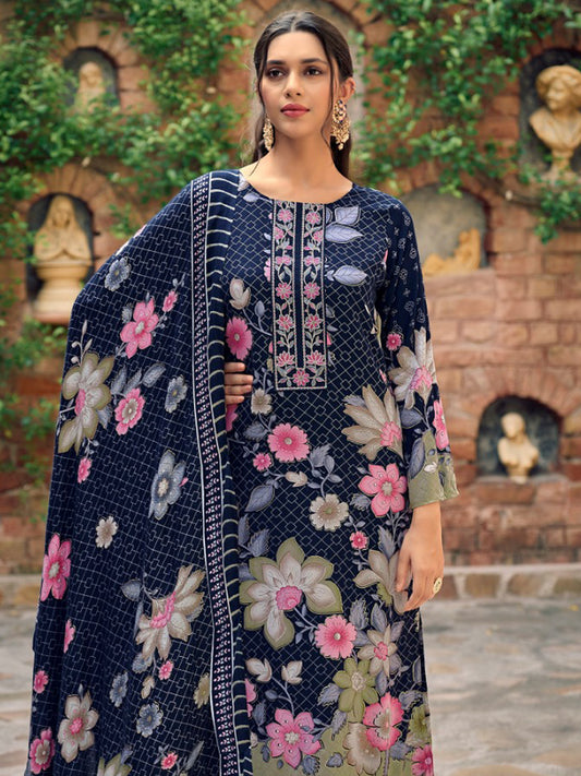 Majestic Navy Blue Pashmina Digital Print Suit | Embroidered Neckline & Floral Couture| Unstitched Fabric
