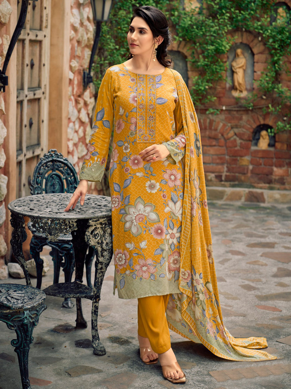 Vibrant Mustard Pashmina Digital Print Suit | Embroidered Neckline & Floral Couture