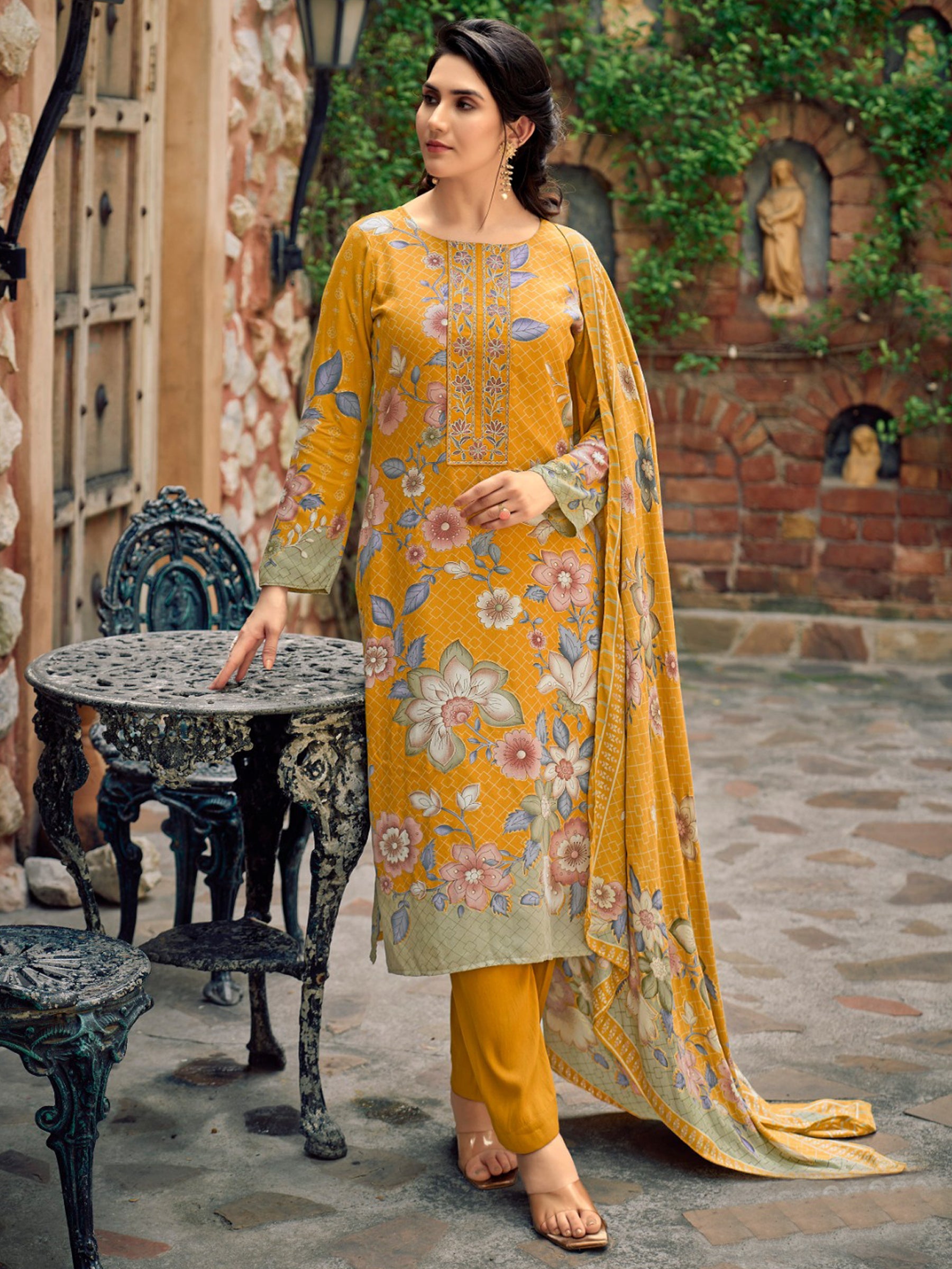 Vibrant Mustard Pashmina Digital Print Suit | Embroidered Neckline & Floral Couture