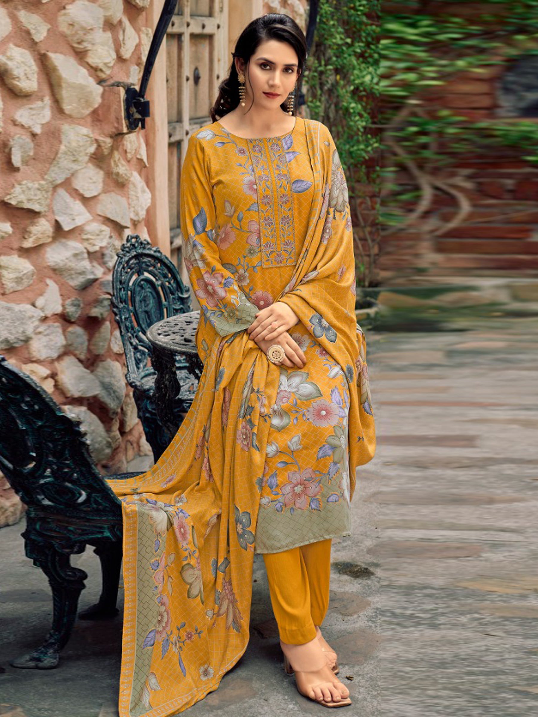 Vibrant Mustard Pashmina Digital Print Suit | Embroidered Neckline & Floral Couture