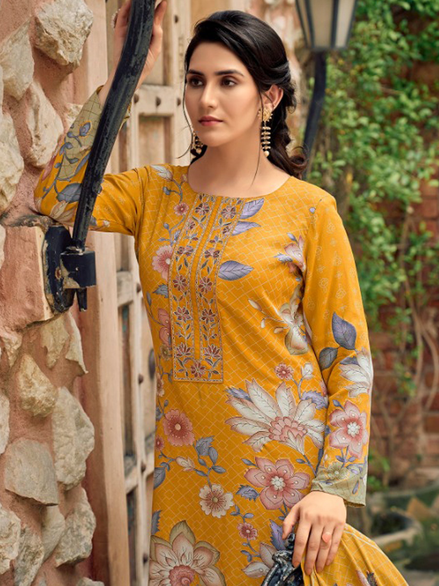 Vibrant Mustard Pashmina Digital Print Suit | Embroidered Neckline & Floral Couture