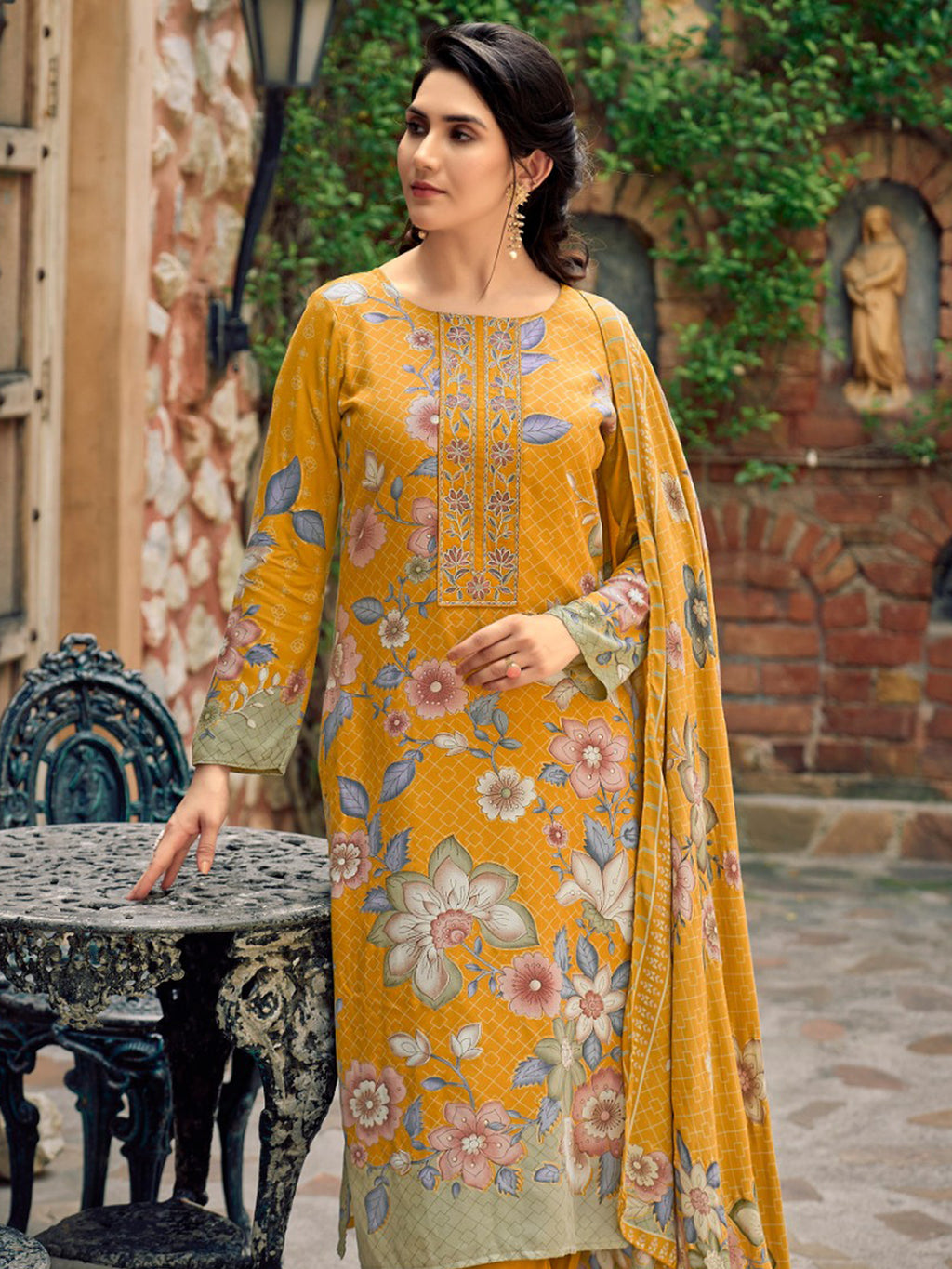 Vibrant Mustard Pashmina Digital Print Suit | Embroidered Neckline & Floral Couture