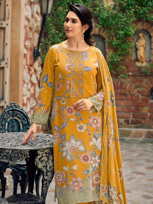Vibrant Mustard Pashmina Digital Print Suit | Embroidered Neckline & Floral Couture| Unstitched Fabric