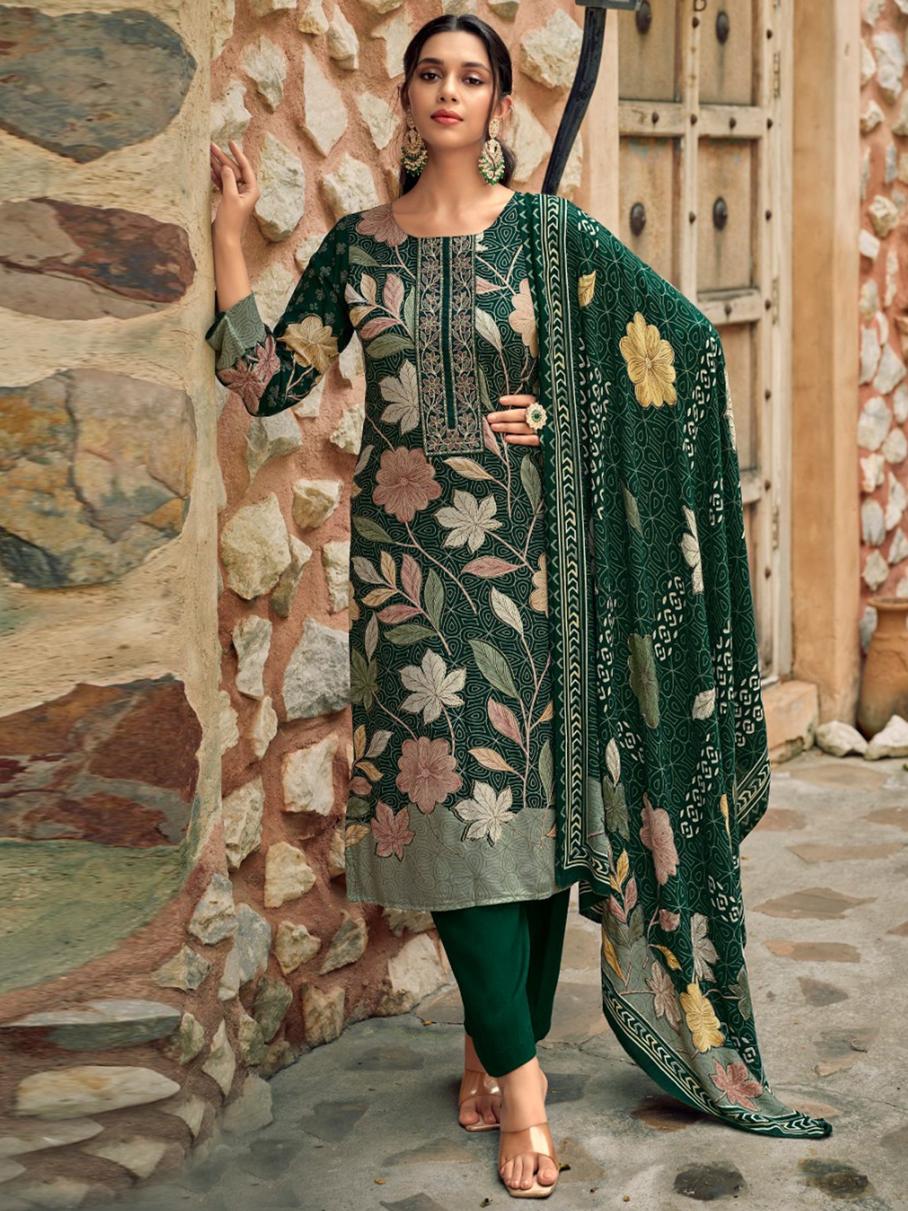 Enchanting Green Pashmina Digital Print Suit | Embroidered Neckline & Floral Couture