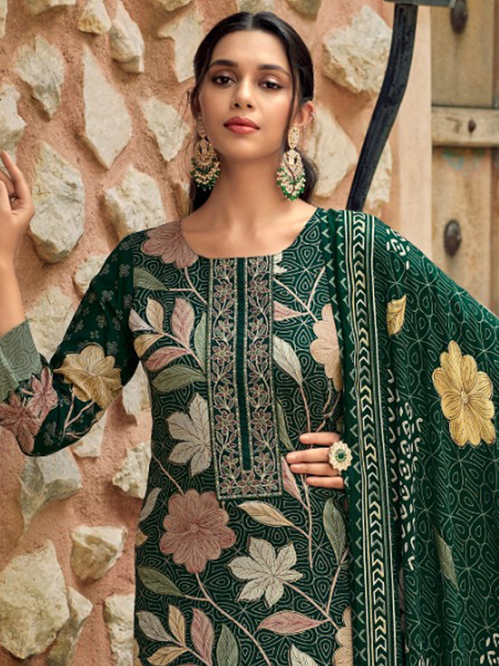 Enchanting Green Pashmina Digital Print Suit | Embroidered Neckline & Floral Couture