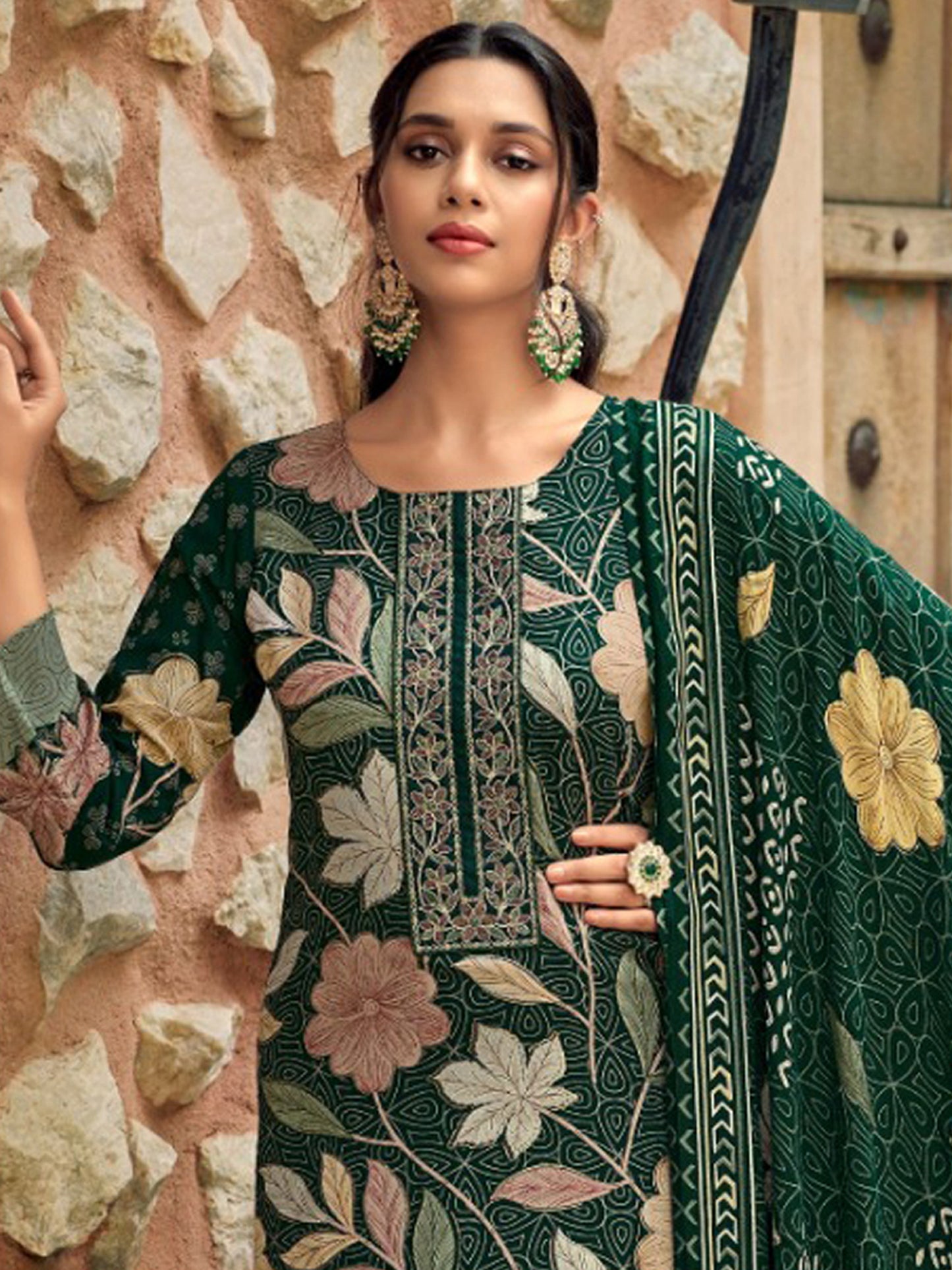 Enchanting Green Pashmina Digital Print Suit | Embroidered Neckline & Floral Couture| Unstitched Fabric
