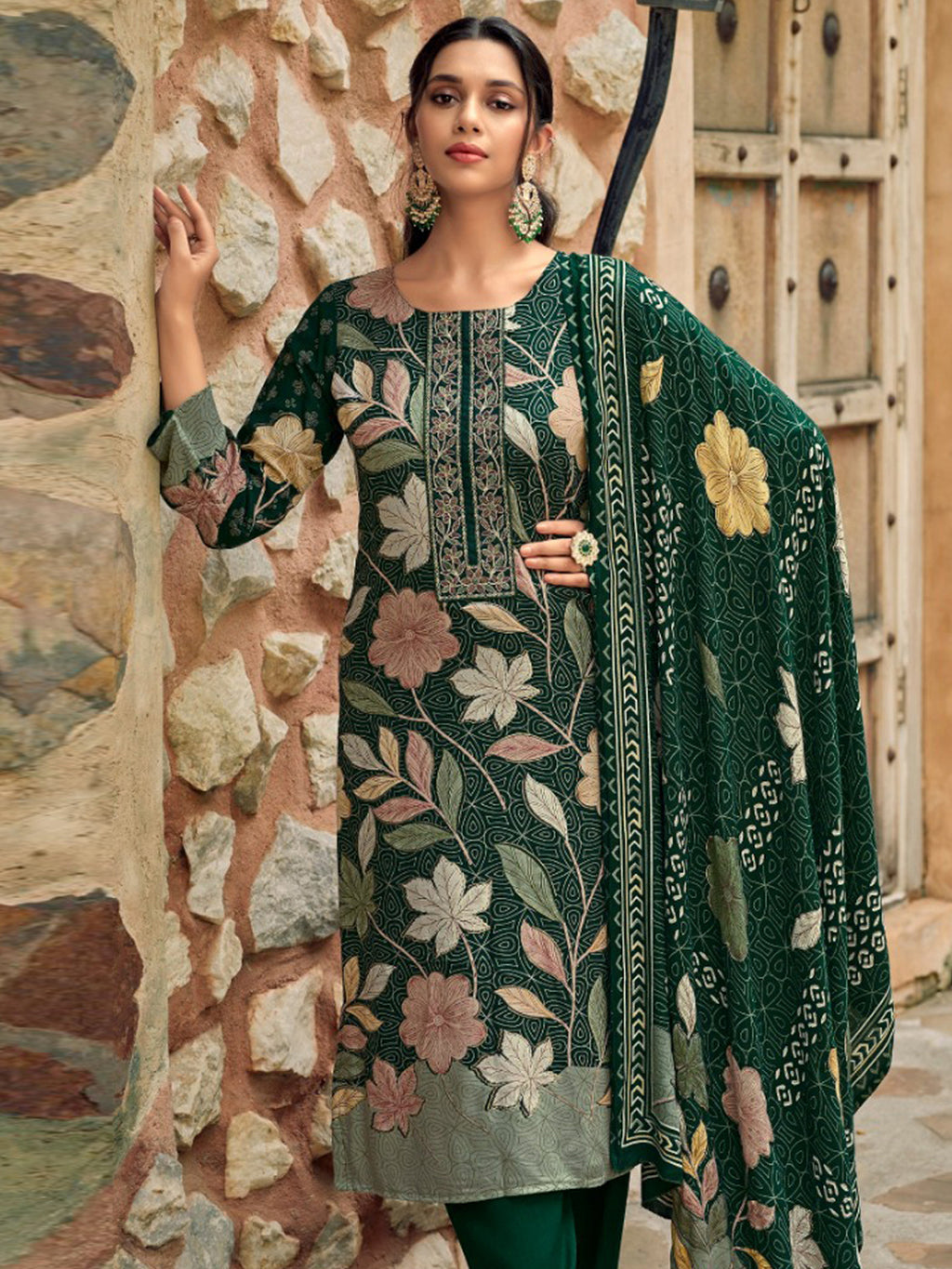 Enchanting Green Pashmina Digital Print Suit | Embroidered Neckline & Floral Couture