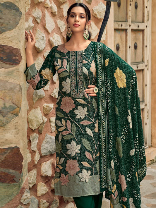 Enchanting Green Pashmina Digital Print Suit | Embroidered Neckline & Floral Couture| Unstitched Fabric