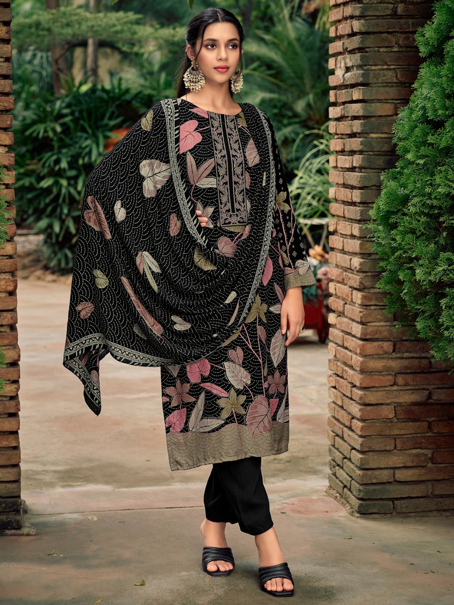 Timeless Black Pashmina Digital Print Suit | Embroidered Neckline & Floral Couture| Unstitched Fabric