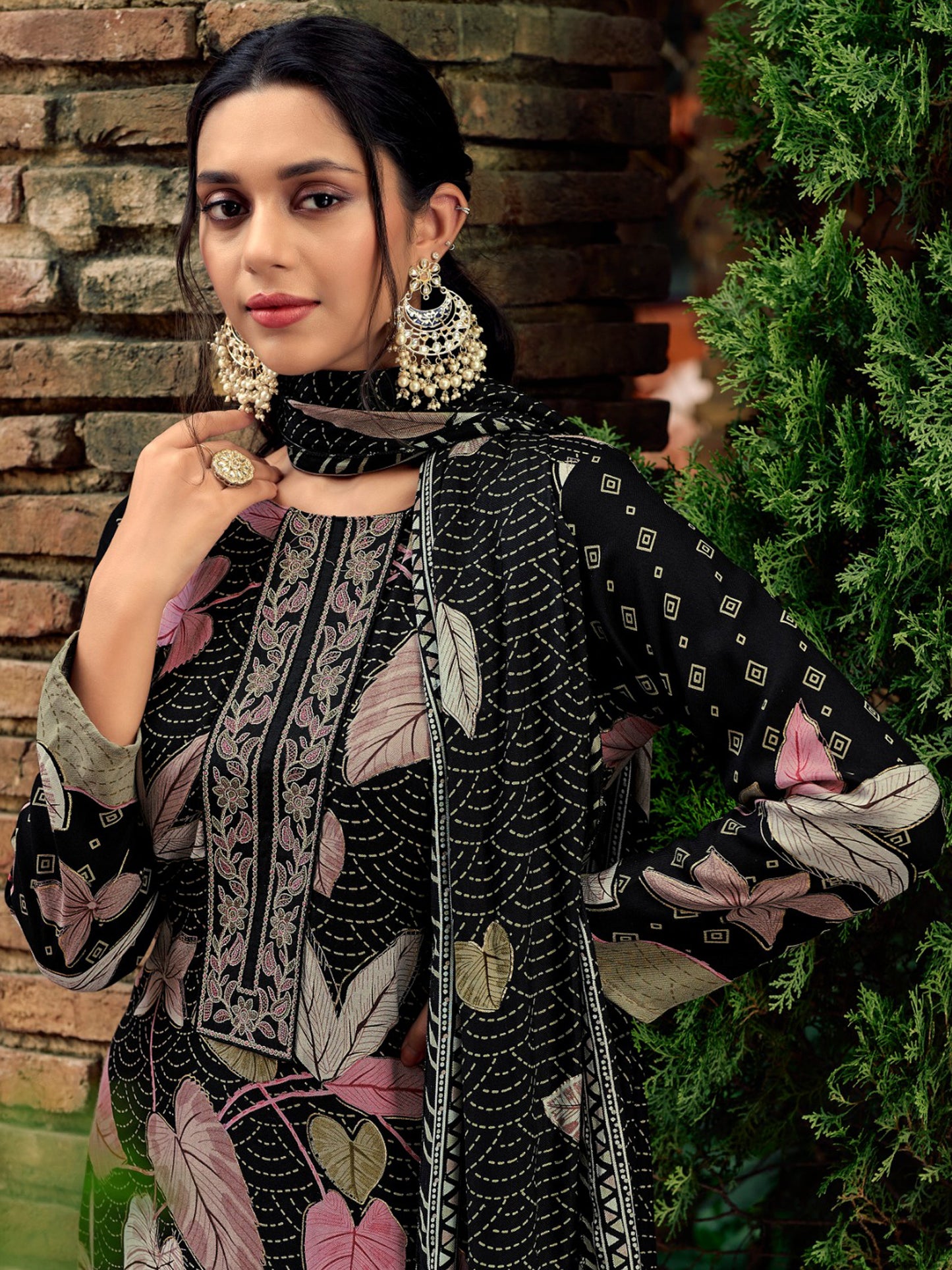 Timeless Black Pashmina Digital Print Suit | Embroidered Neckline & Floral Couture| Unstitched Fabric