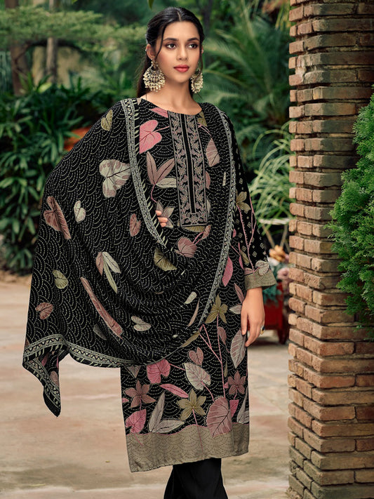 Timeless Black Pashmina Digital Print Suit | Embroidered Neckline & Floral Couture| Unstitched Fabric