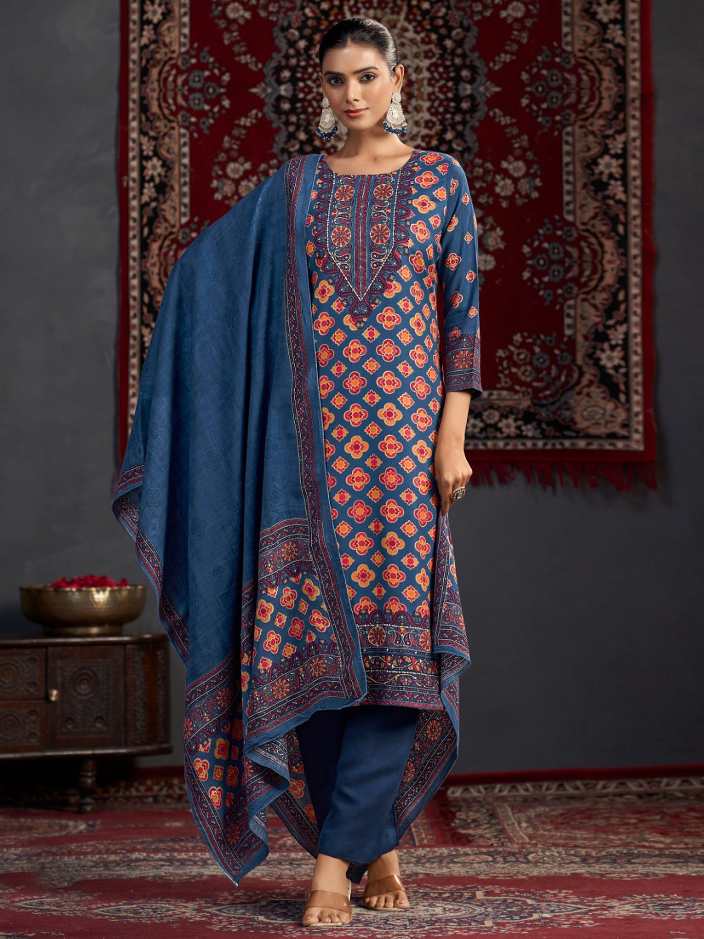 Royal Blue Pashmina Digital Print Dress Material | Jari Work & Sequin Embellished Suit| Unstitched Fabric