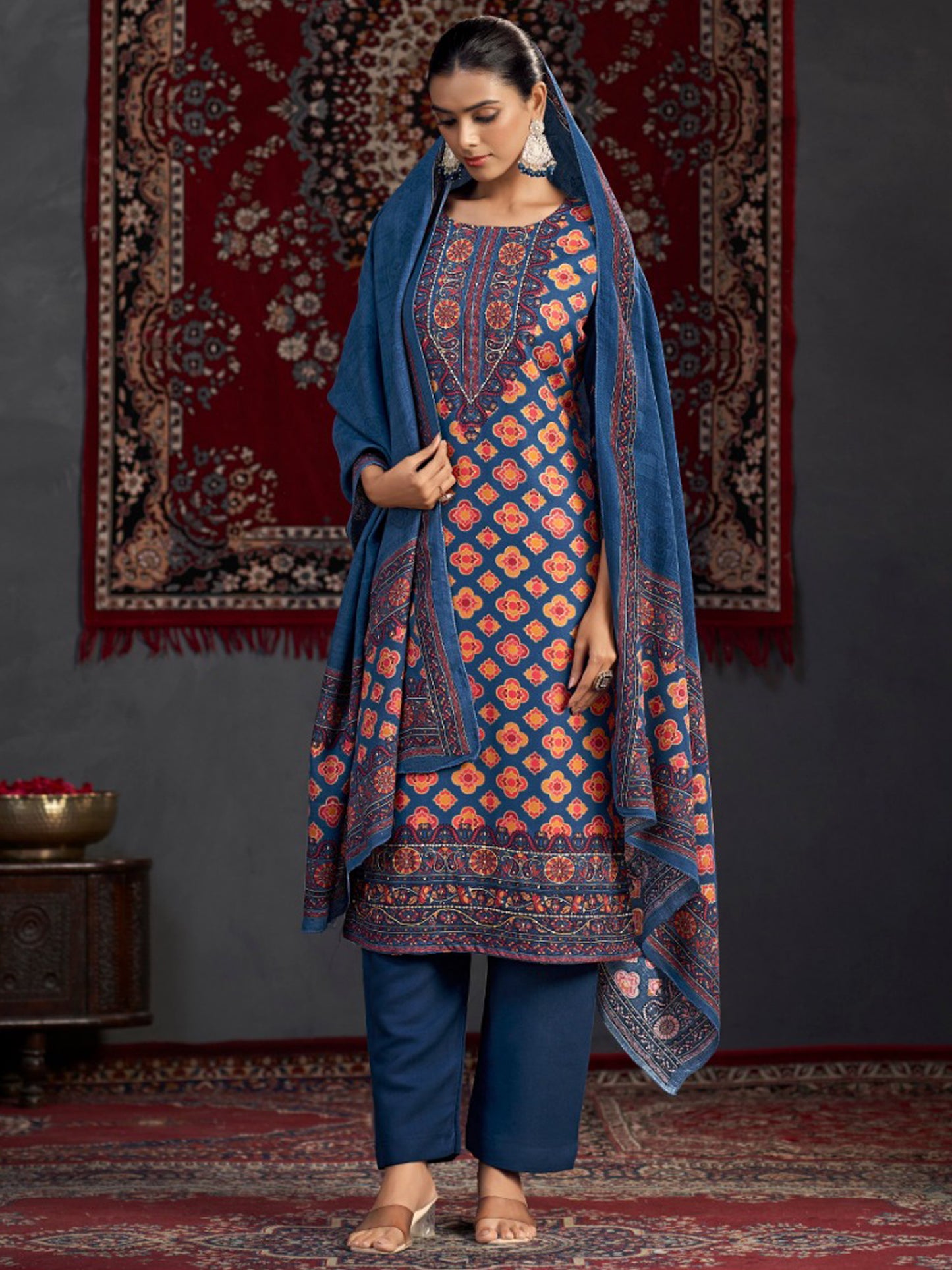 Royal Blue Pashmina Digital Print Dress Material | Jari Work & Sequin Embellished Suit| Unstitched Fabric