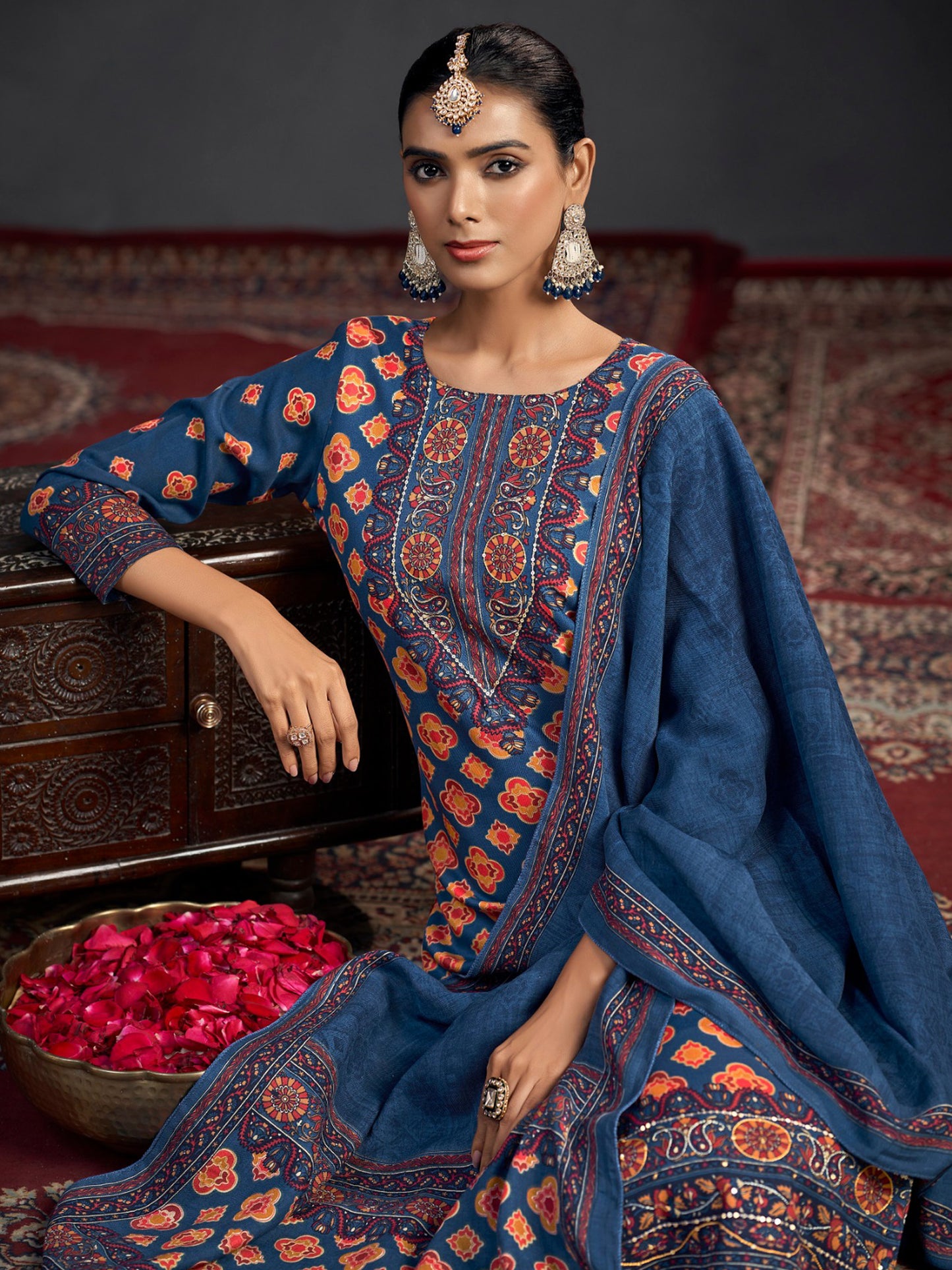 Royal Blue Pashmina Digital Print Dress Material | Jari Work & Sequin Embellished Suit| Unstitched Fabric