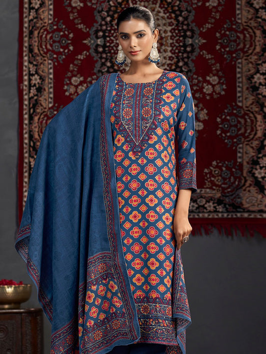 Royal Blue Pashmina Digital Print Dress Material | Jari Work & Sequin Embellished Suit| Unstitched Fabric