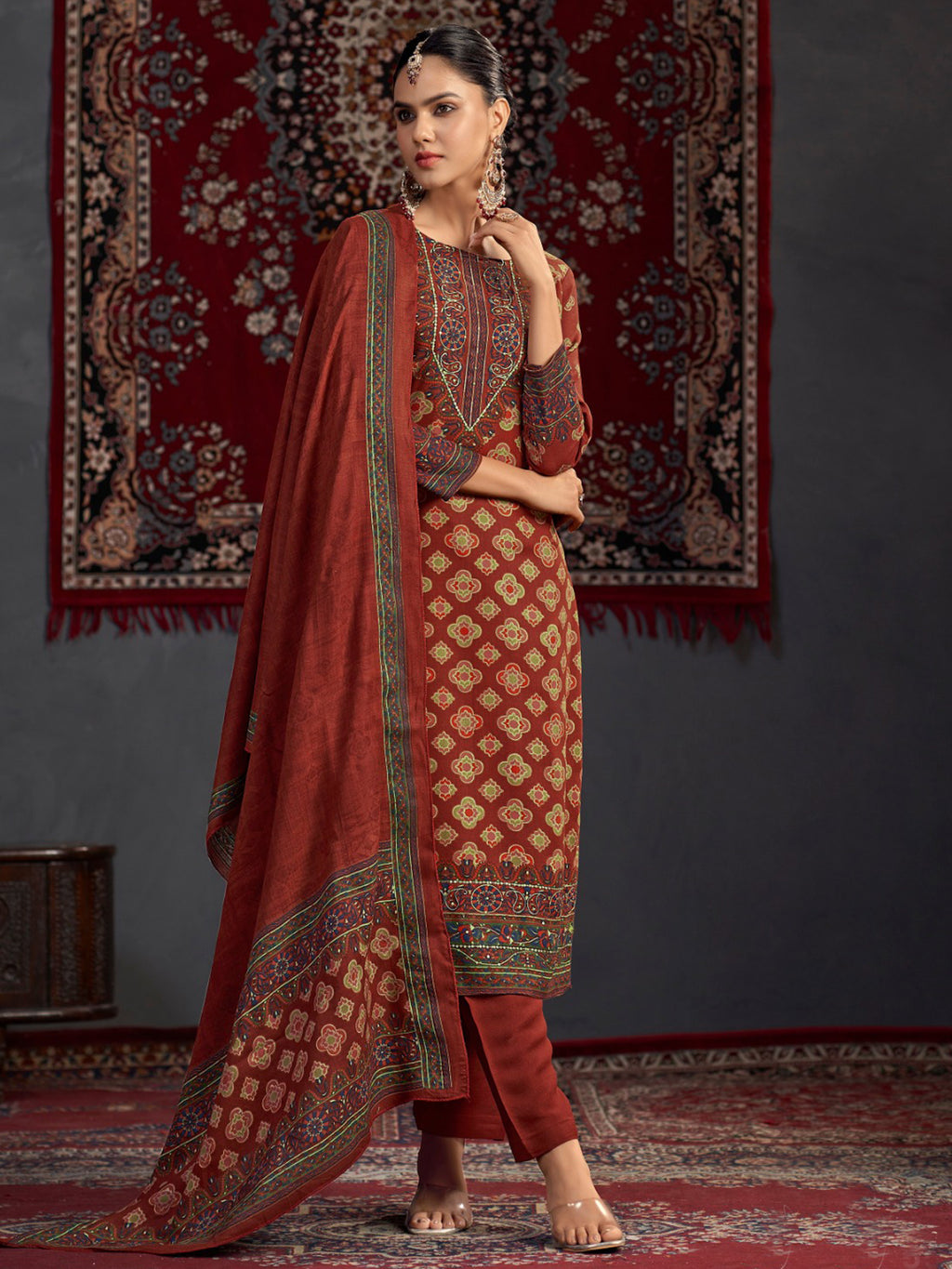 Maroon Pashmina Digital Print Dress Material | Jari Work & Sequin Embellished Suit