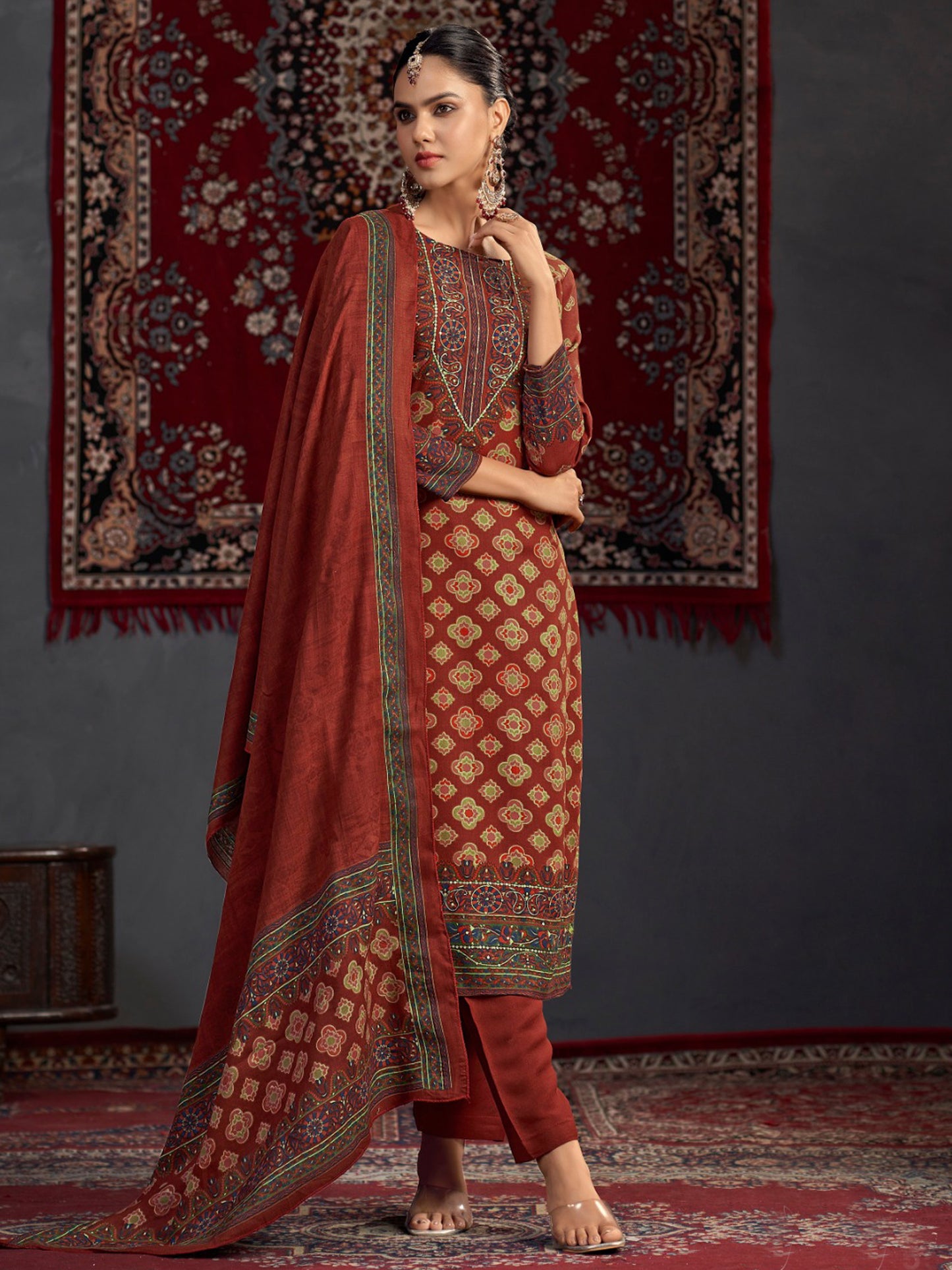 Maroon Pashmina Digital Print Dress Material | Jari Work & Sequin Embellished Suit| Unstitched Fabric