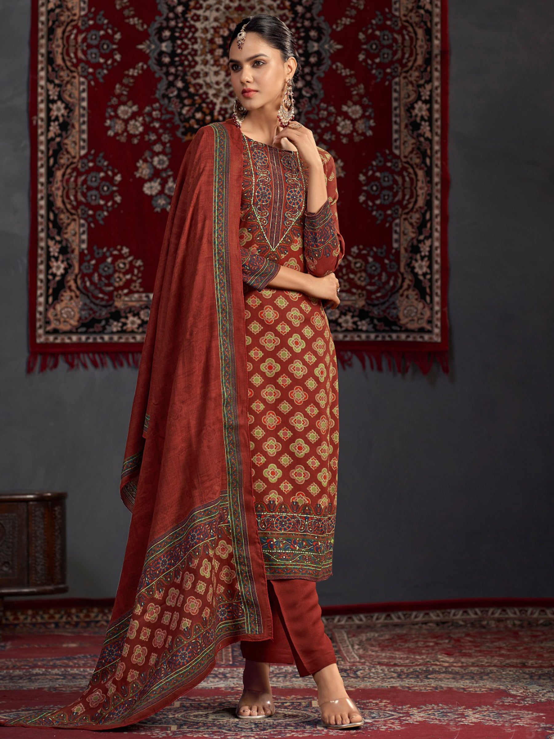 Maroon Pashmina Digital Print Dress Material | Jari Work & Sequin Embellished Suit