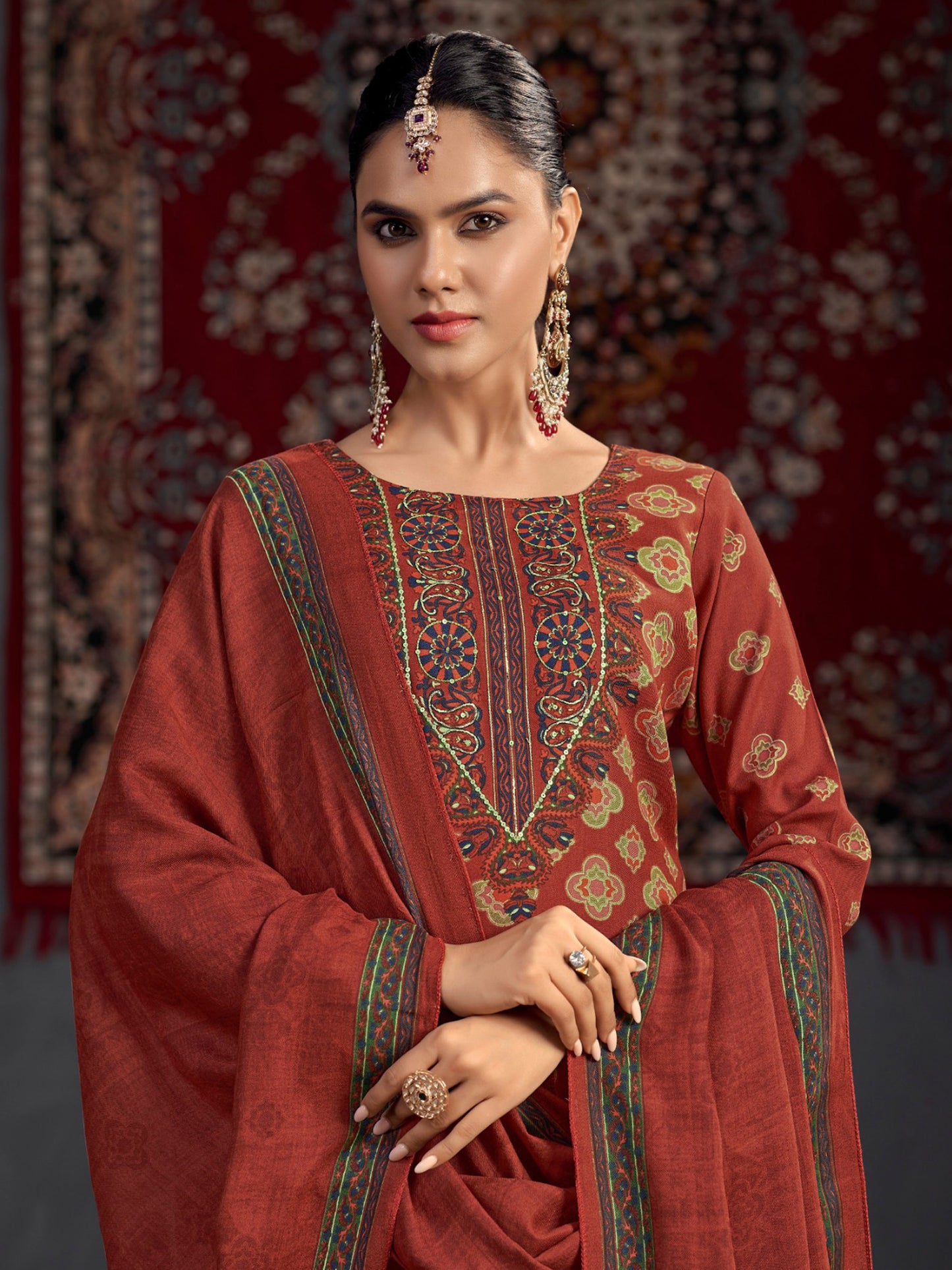 Maroon Pashmina Digital Print Dress Material | Jari Work & Sequin Embellished Suit| Unstitched Fabric