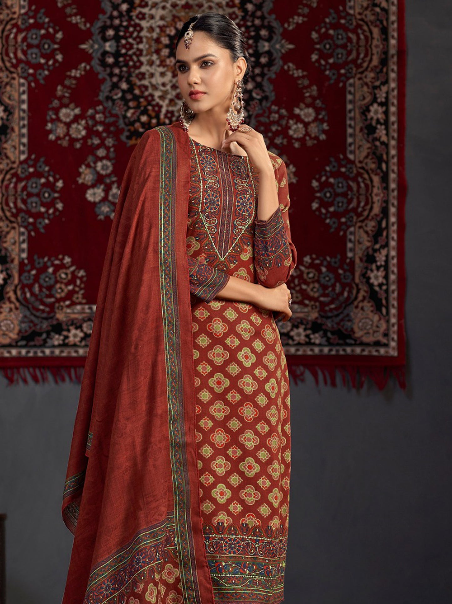 Maroon Pashmina Digital Print Dress Material | Jari Work & Sequin Embellished Suit| Unstitched Fabric