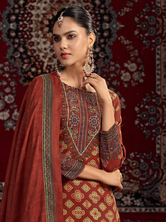 Maroon Pashmina Digital Print Dress Material | Jari Work & Sequin Embellished Suit| Unstitched Fabric