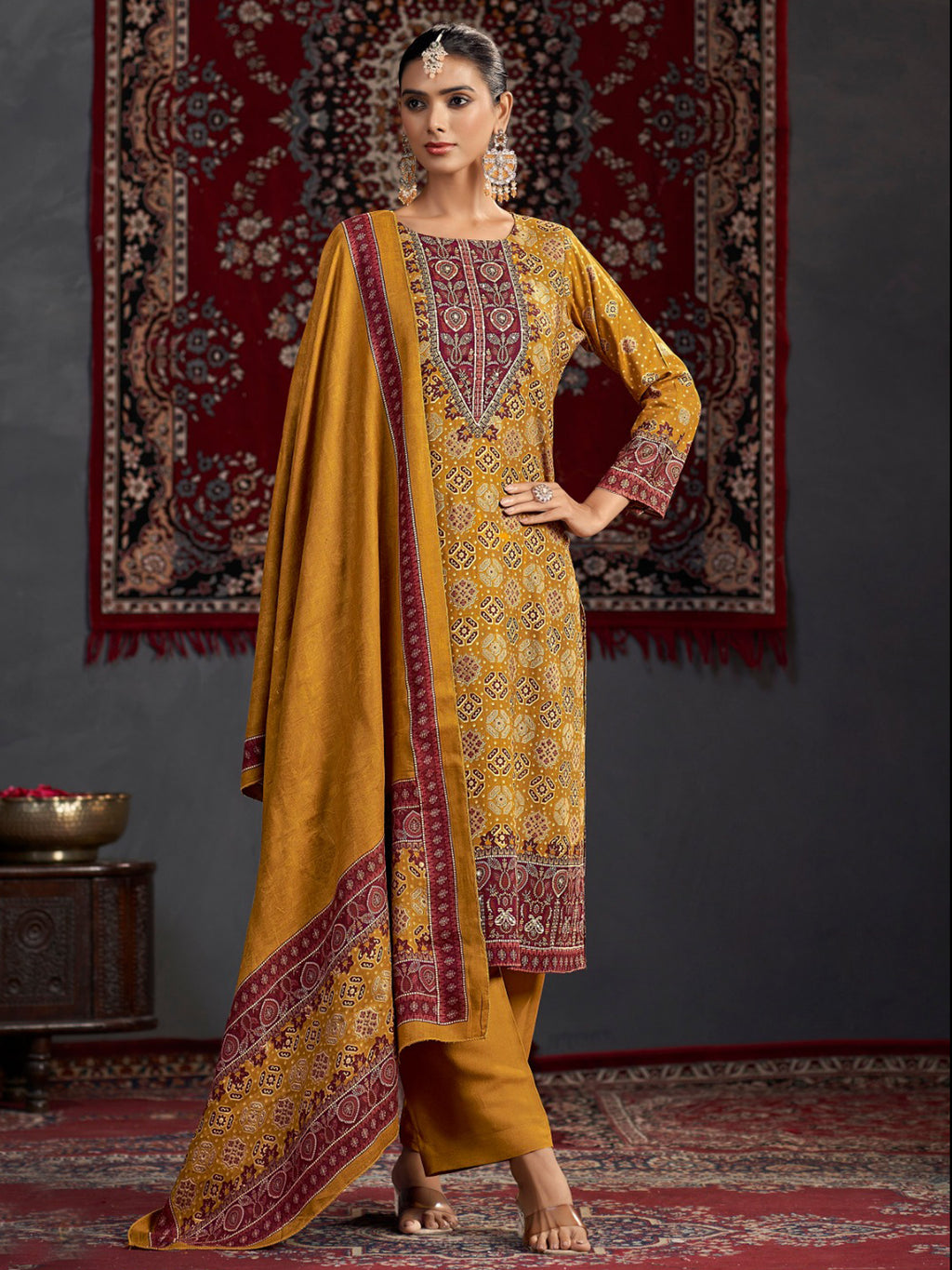 Mustard Pashmina Digital Print Dress Material | Jari Work & Sequin Embellished Suit