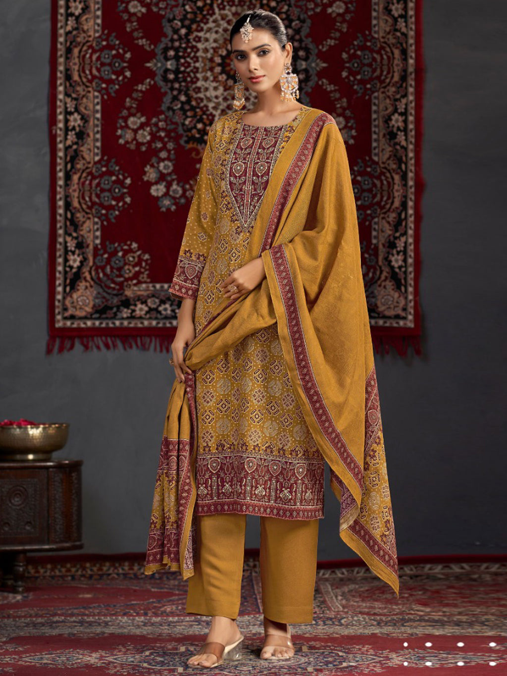 Mustard Pashmina Digital Print Dress Material | Jari Work & Sequin Embellished Suit