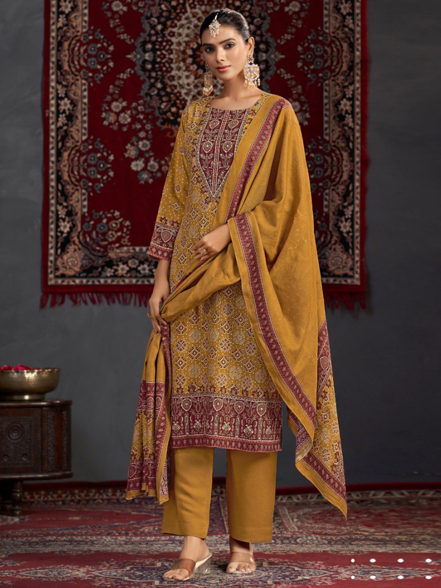 Mustard Pashmina Digital Print Dress Material | Jari Work & Sequin Embellished Suit| Unstitched Fabric