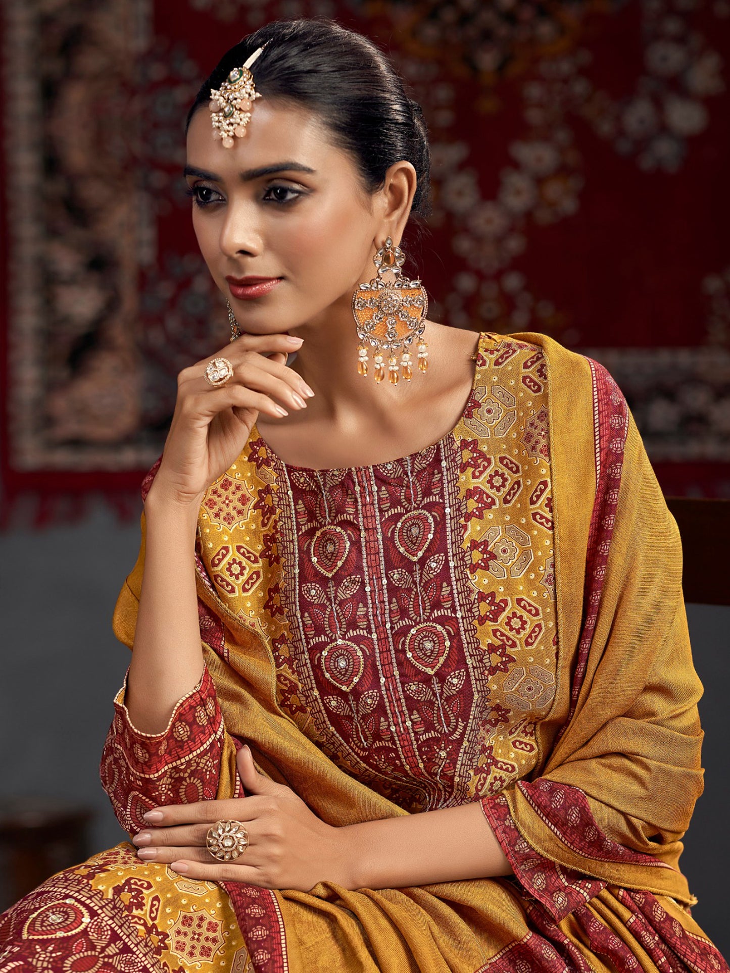 Mustard Pashmina Digital Print Dress Material | Jari Work & Sequin Embellished Suit| Unstitched Fabric