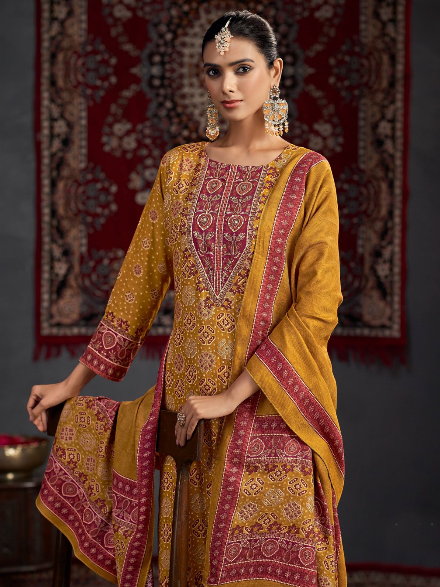 Mustard Pashmina Digital Print Dress Material | Jari Work & Sequin Embellished Suit| Unstitched Fabric