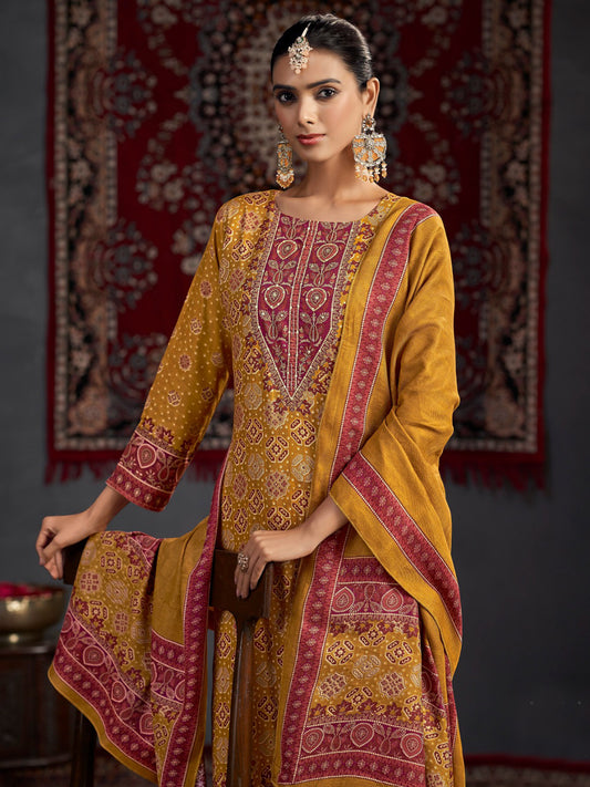 Mustard Pashmina Digital Print Dress Material | Jari Work & Sequin Embellished Suit| Unstitched Fabric