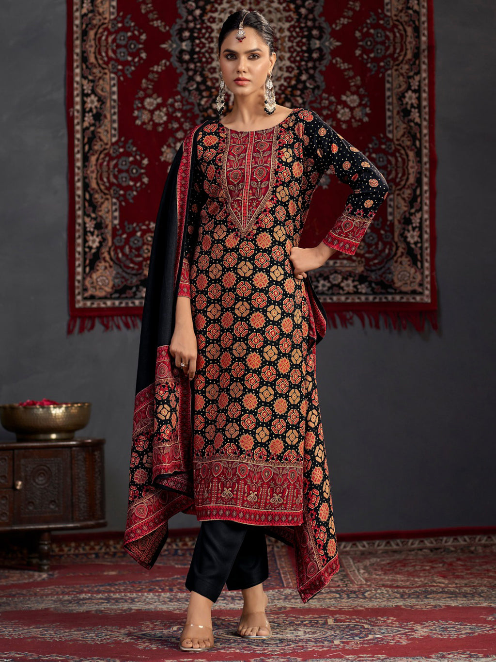 Black Pashmina Digital Print Dress Material | Jari Work & Sequin Embellished Suit