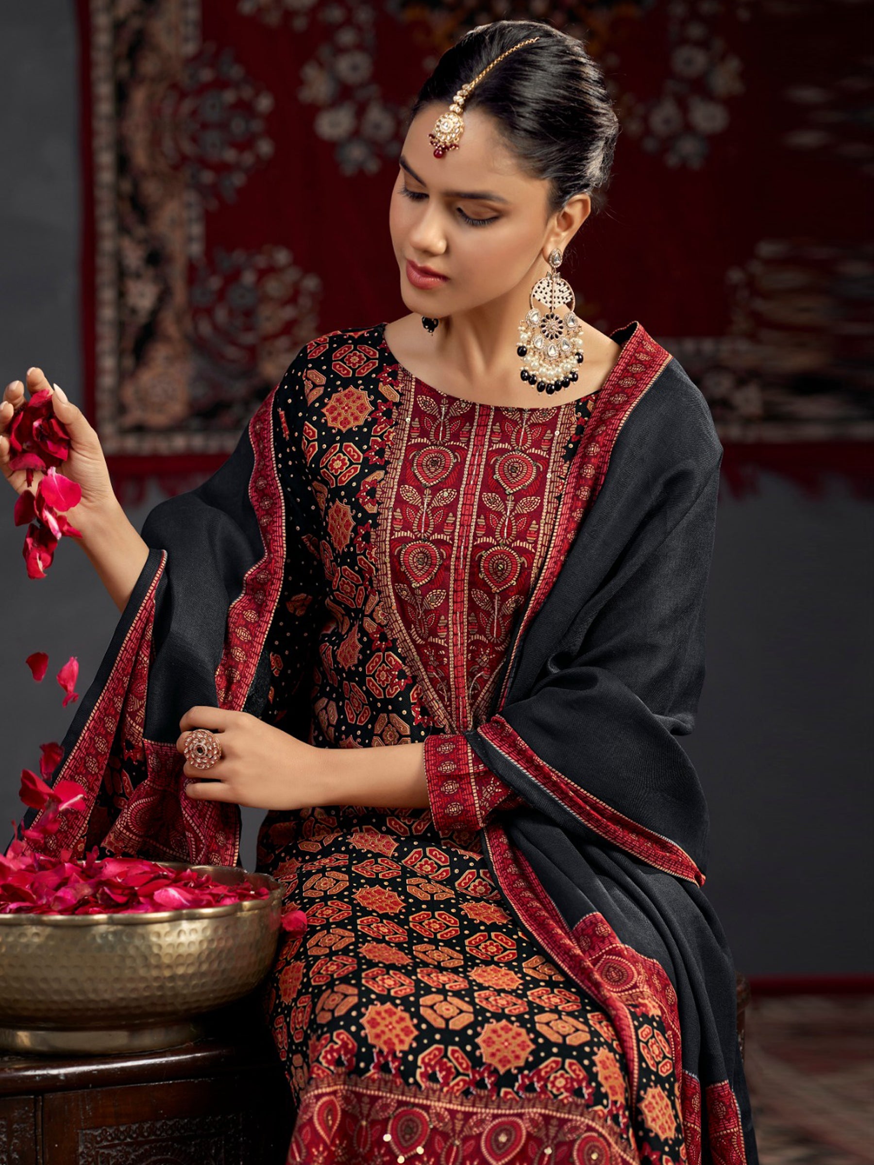 Black Pashmina Digital Print Dress Material | Jari Work & Sequin Embellished Suit